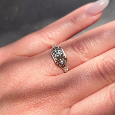 Art Deco Old European Cut Diamond 18K White Gold Vintage Foliate Engagement Ring