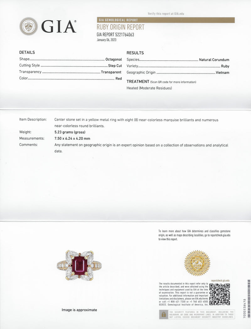Vintage 3.49 CTW Emerald Cut Ruby Diamond 18 Karat Yellow Gold Halo Cluster Ring GIA Wilson's Estate Jewelry