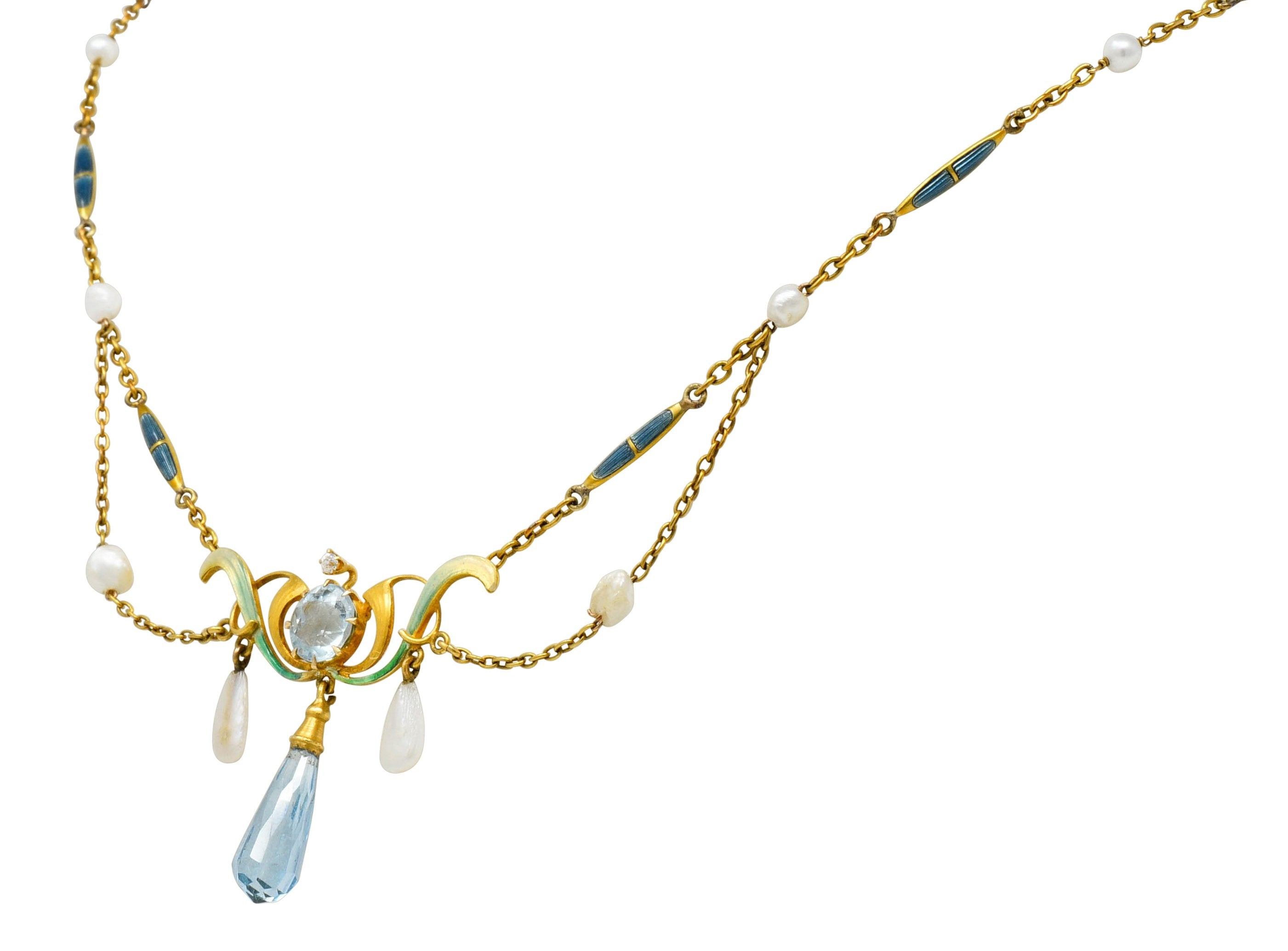 Art Nouveau Aquamarine Enamel Natural Pearl 14 Karat Gold Swag Necklace - Wilson's Estate Jewelry