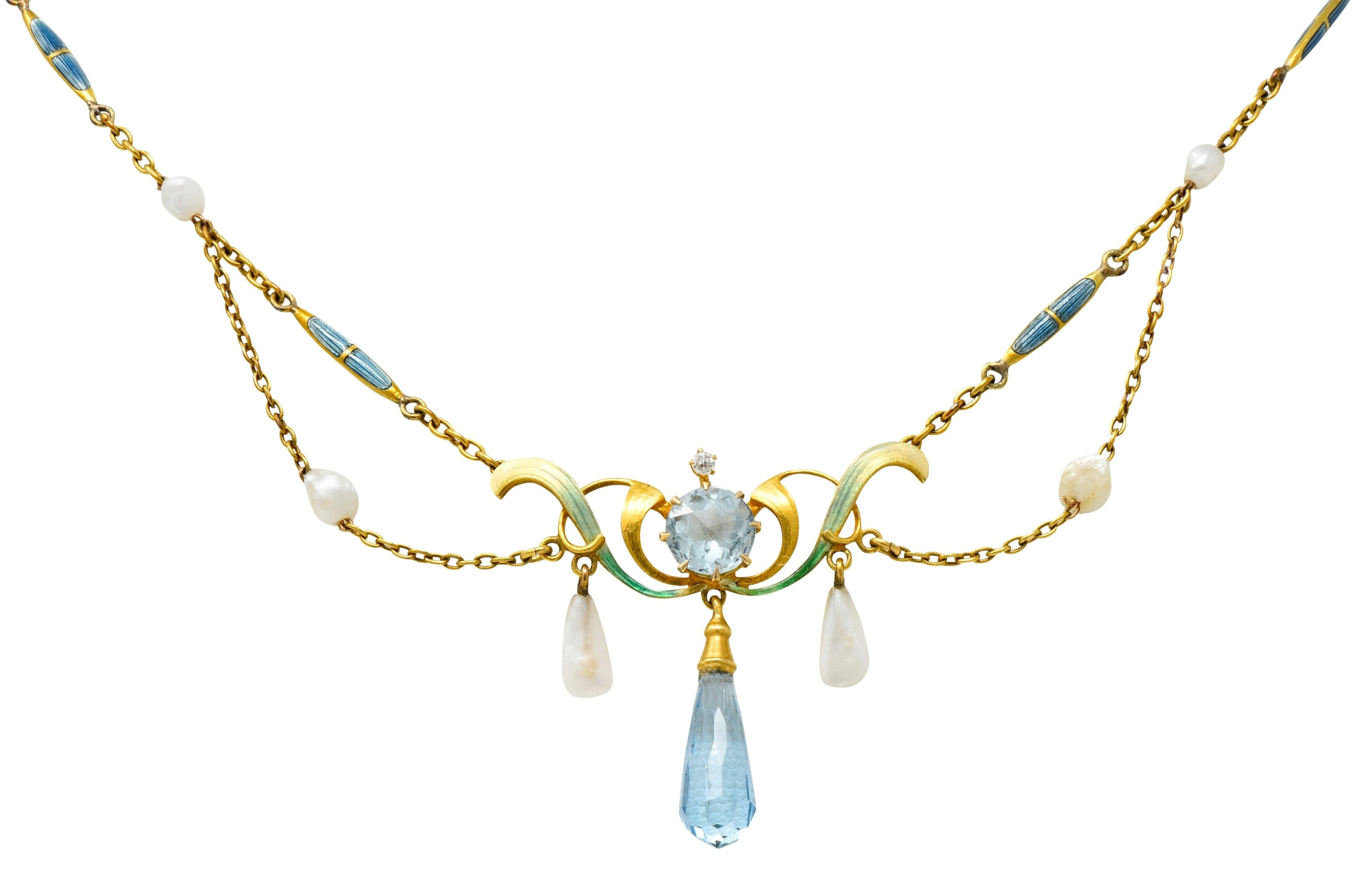 Art Nouveau Aquamarine Enamel Natural Pearl 14 Karat Gold Swag Necklace - Wilson's Estate Jewelry