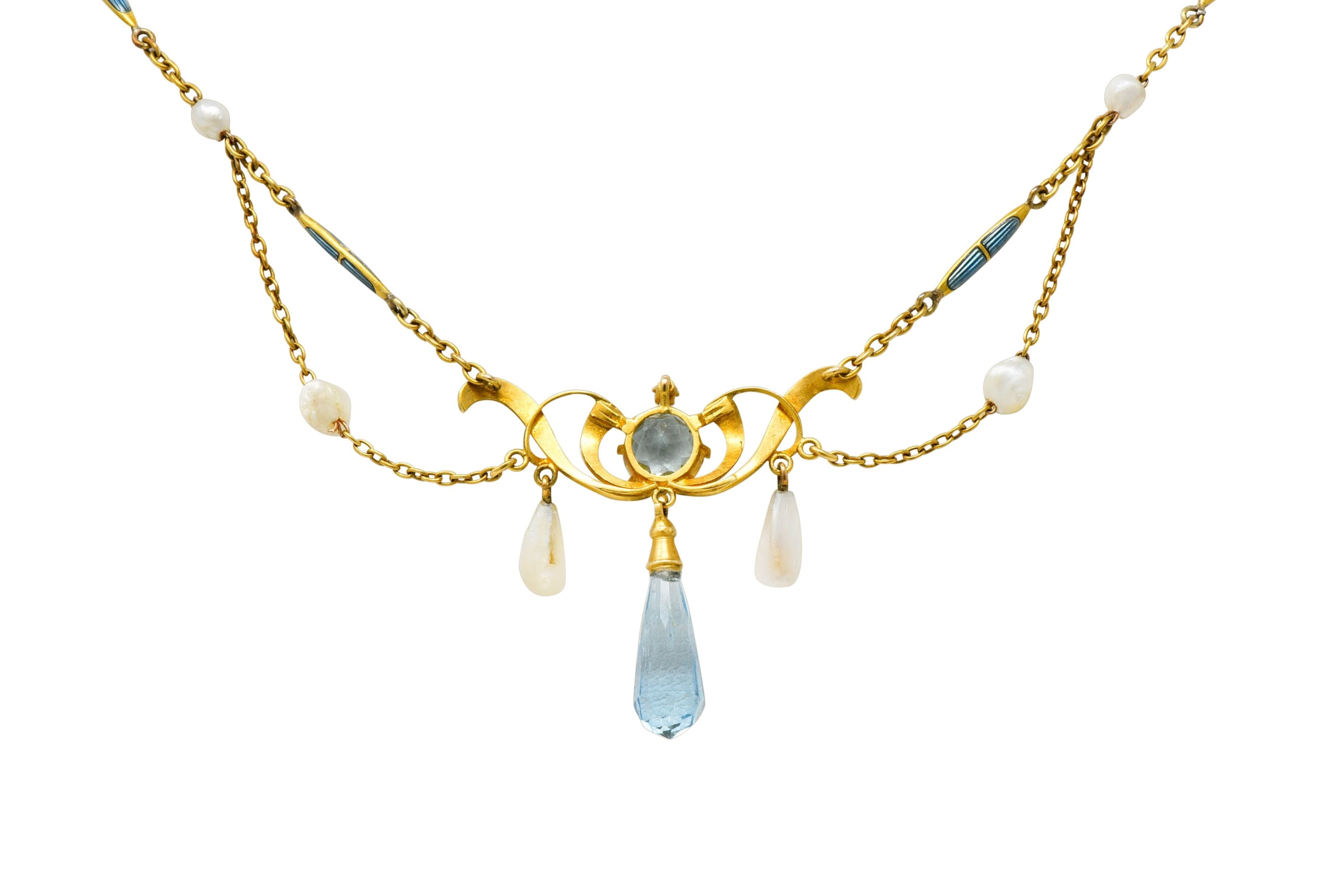 Art Nouveau Aquamarine Enamel Natural Pearl 14 Karat Gold Swag Necklace - Wilson's Estate Jewelry