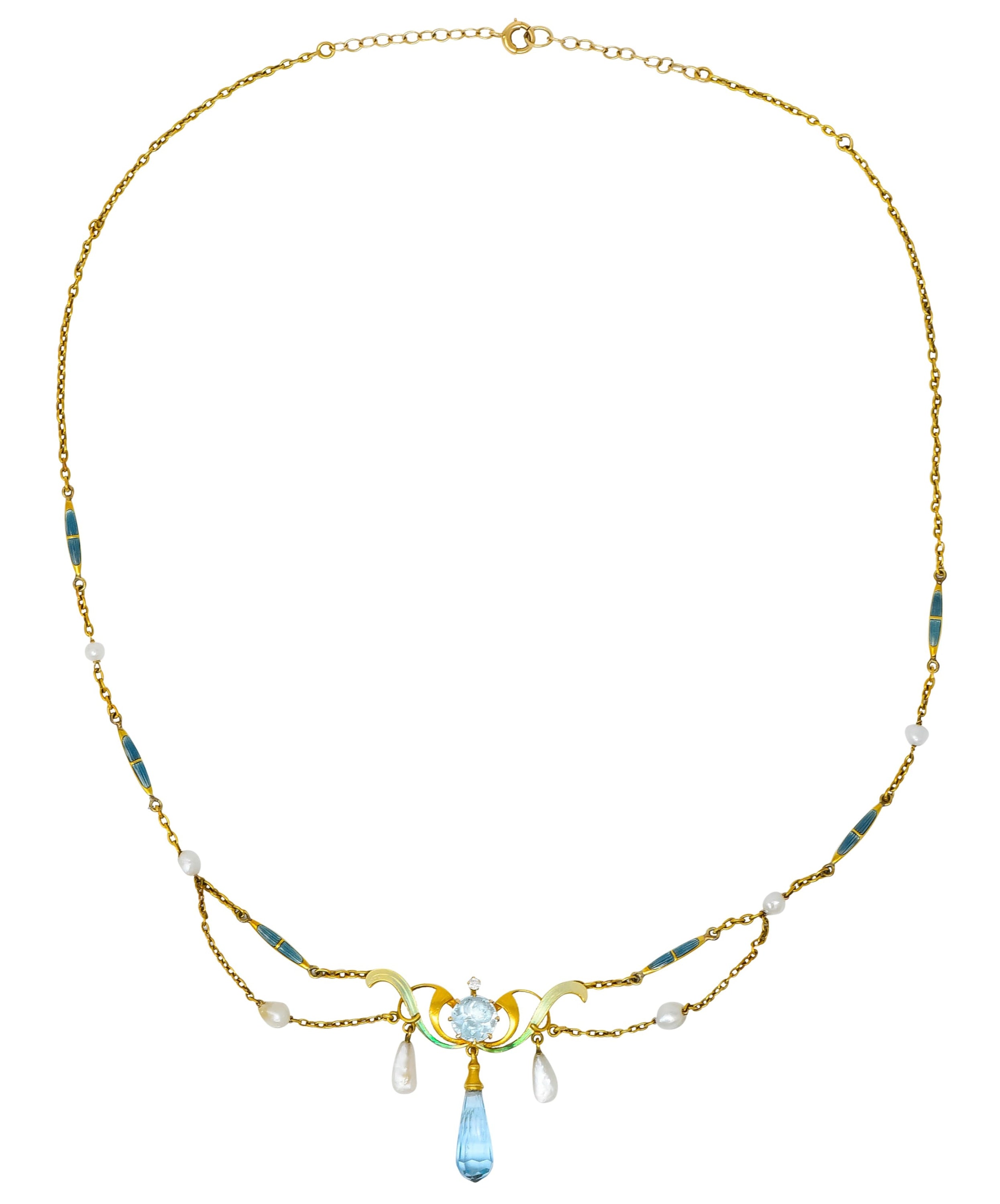 Art Nouveau Aquamarine Enamel Natural Pearl 14 Karat Gold Swag Necklace - Wilson's Estate Jewelry