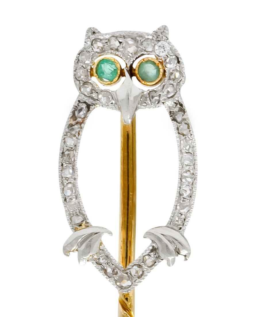 Edwardian Diamond Emerald Platinum-Topped 14 Karat Gold Owl Stickpin - Wilson's Estate Jewelry