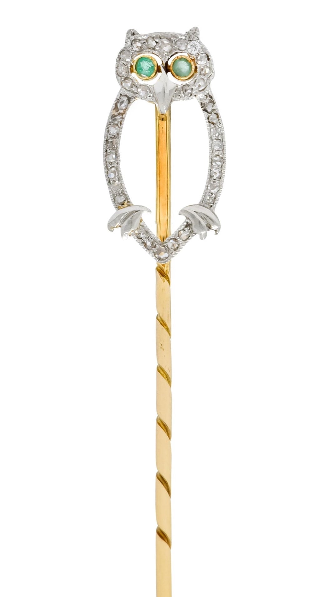 Edwardian Diamond Emerald Platinum-Topped 14 Karat Gold Owl Stickpin Wilson's Estate Jewelry