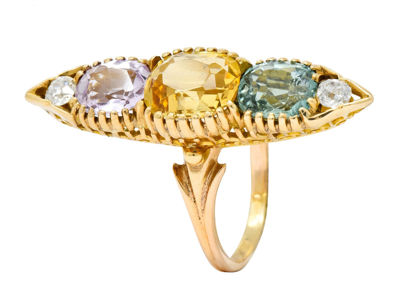 Victorian 7.30 CTW Topaz Tourmaline Diamond 14 Karat Gold Five Stone Dinner Ring - Wilson's Estate Jewelry