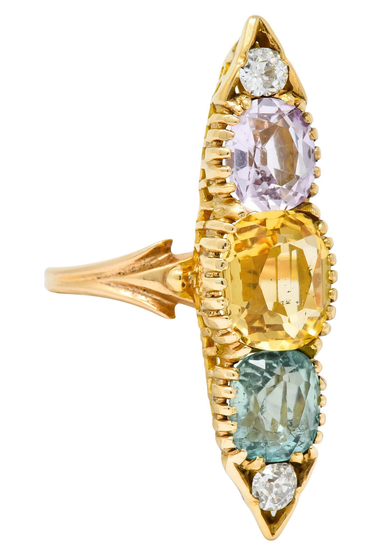 Victorian 7.30 CTW Topaz Tourmaline Diamond 14 Karat Gold Five Stone Dinner Ring - Wilson's Estate Jewelry