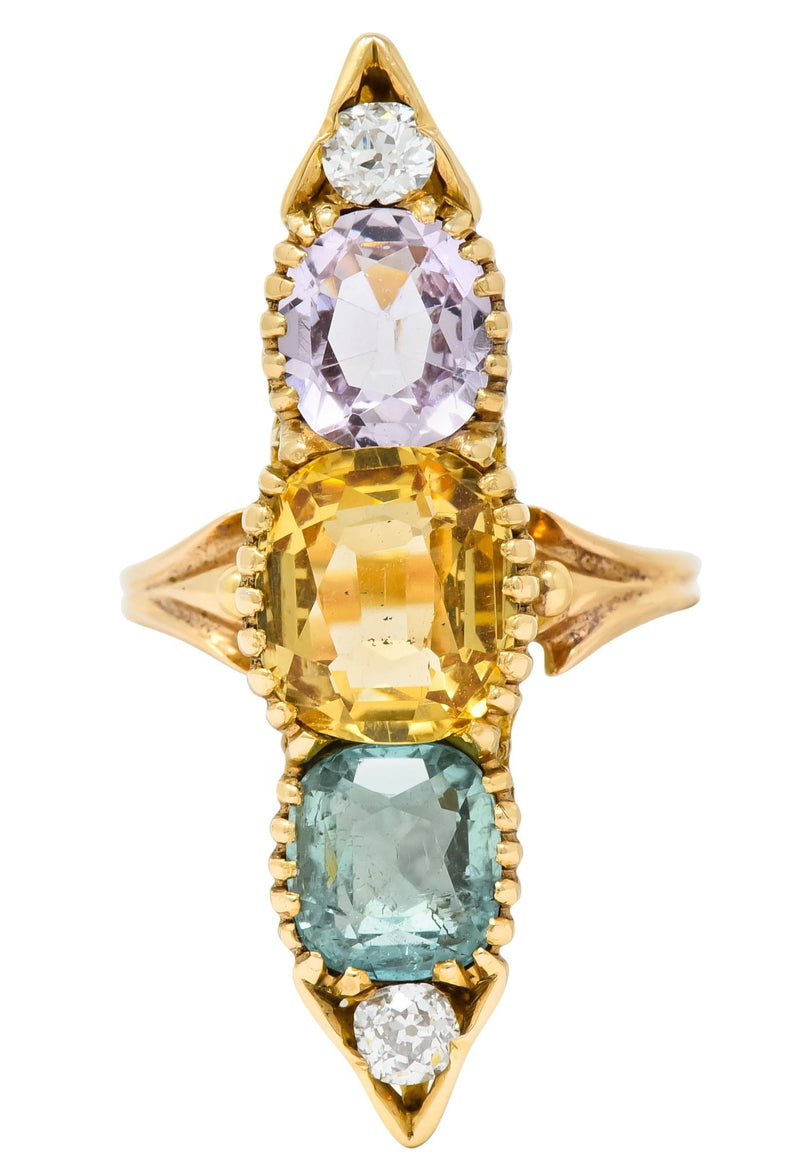 Victorian 7.30 CTW Topaz Tourmaline Diamond 14 Karat Gold Five Stone Dinner Ring - Wilson's Estate Jewelry