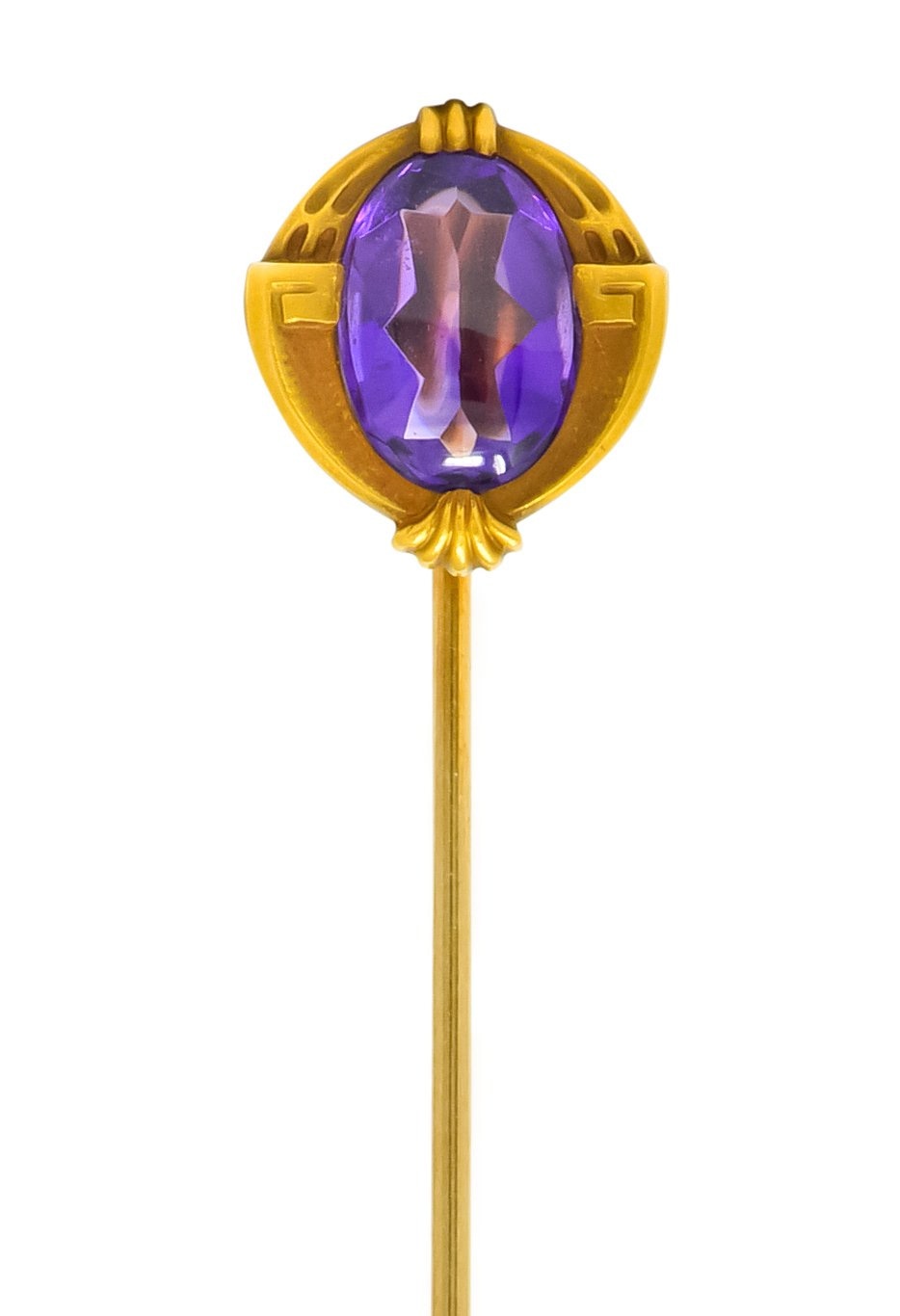 Krementz Art Nouveau Amethyst Cabochon 14 Karat Gold Geometric Stickpin - Wilson's Estate Jewelry