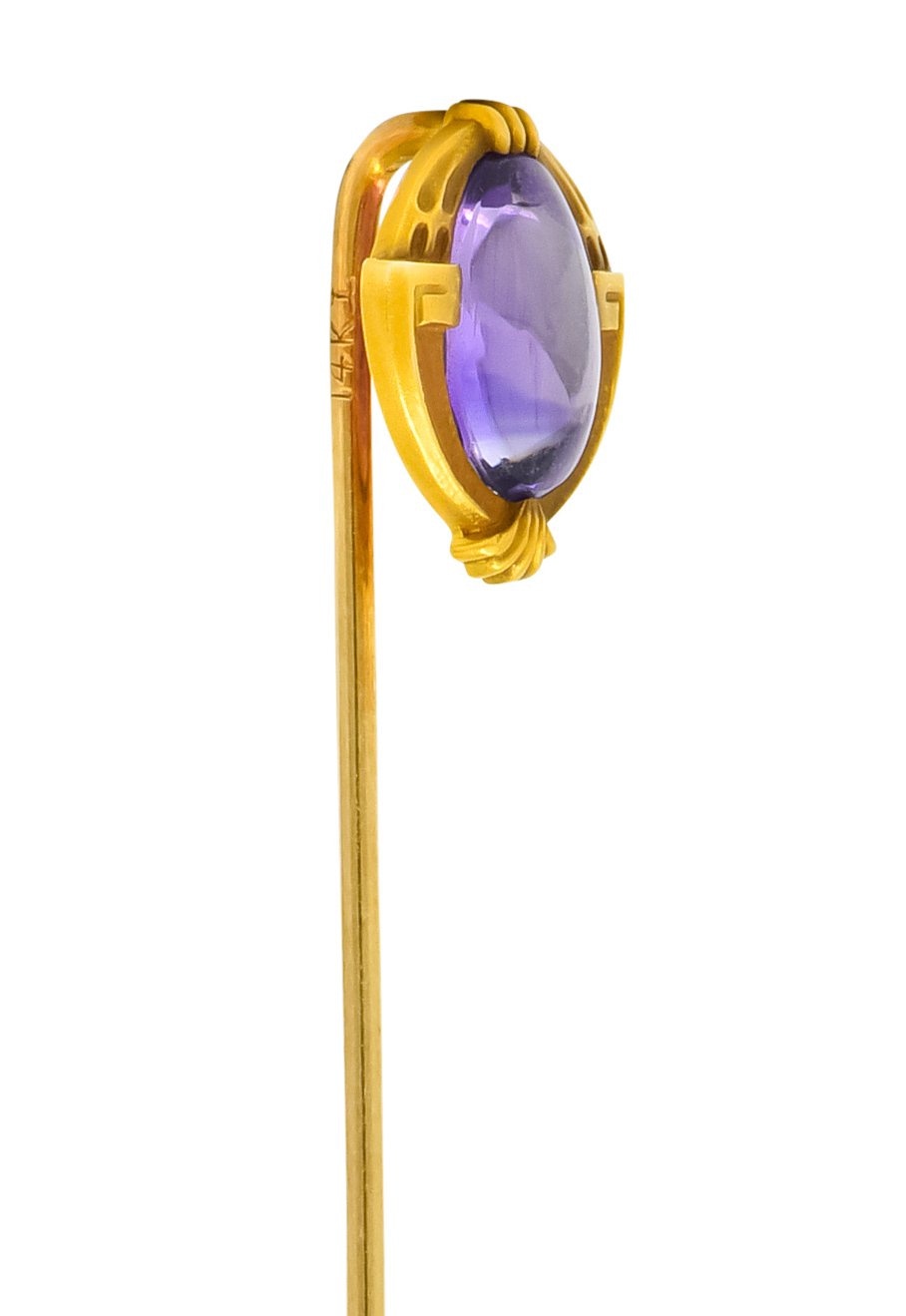 Krementz Art Nouveau Amethyst Cabochon 14 Karat Gold Geometric Stickpin - Wilson's Estate Jewelry