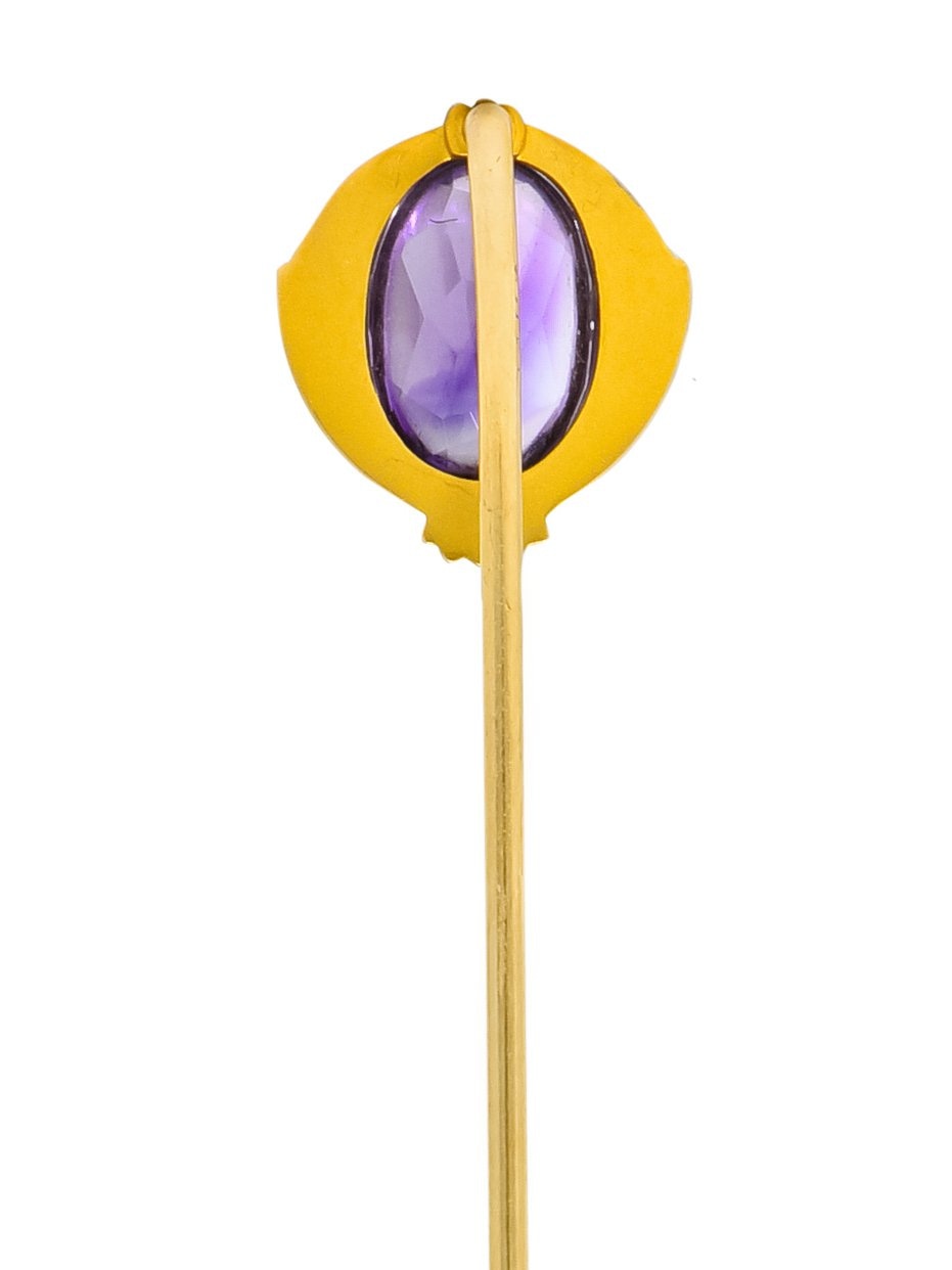 Krementz Art Nouveau Amethyst Cabochon 14 Karat Gold Geometric Stickpin - Wilson's Estate Jewelry