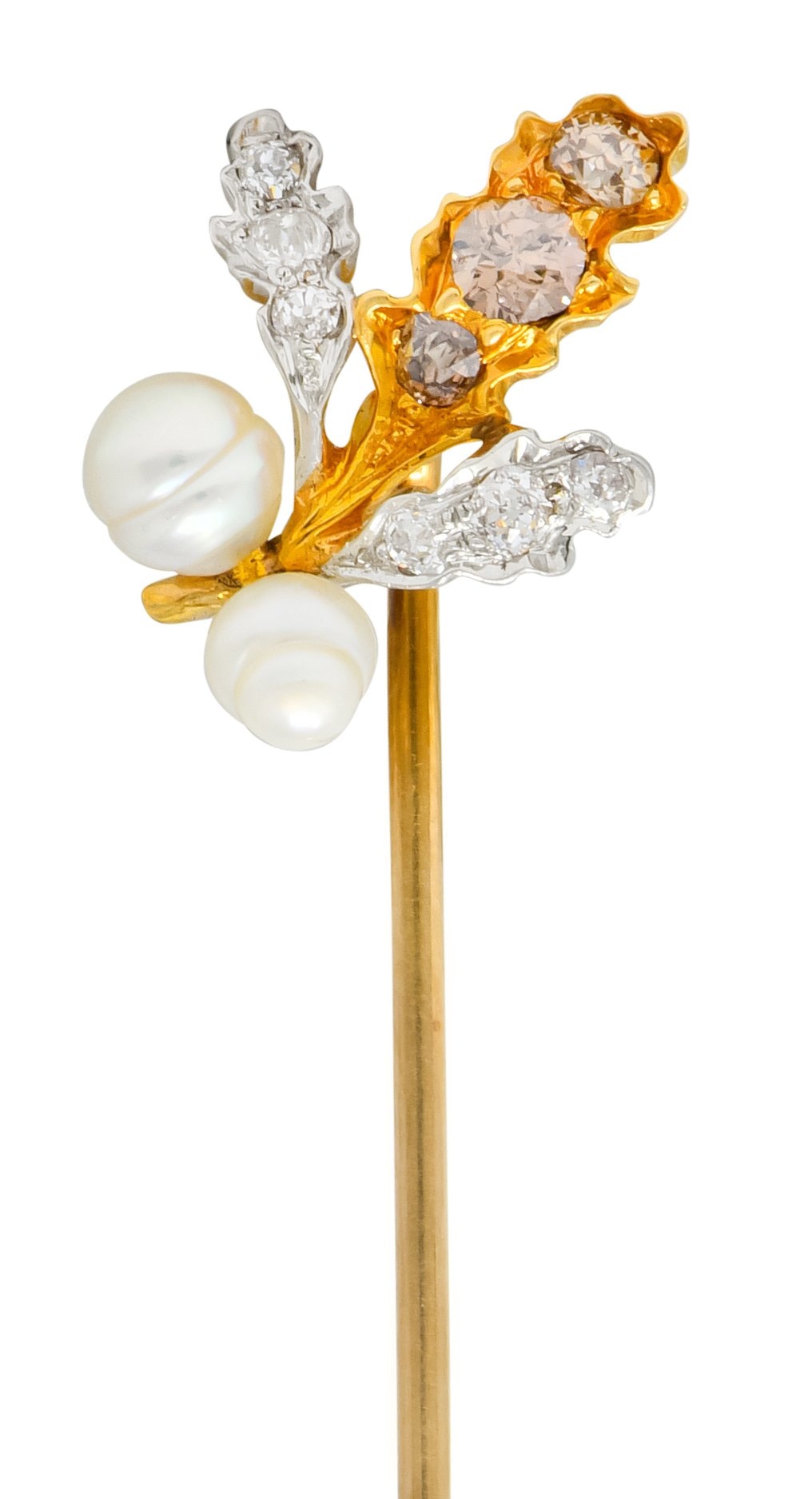 Edwardian Diamond Pearl Platinum-Topped 18 Karat Gold Foliate Stickpin - Wilson's Estate Jewelry