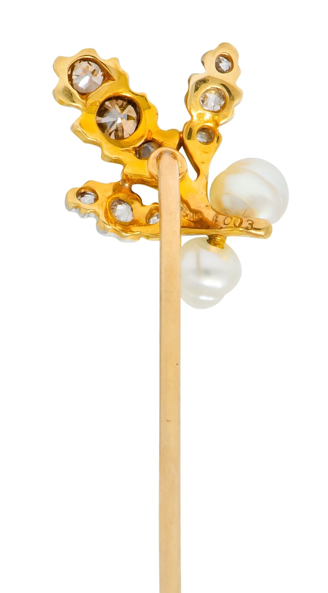 Edwardian Diamond Pearl Platinum-Topped 18 Karat Gold Foliate Stickpin - Wilson's Estate Jewelry