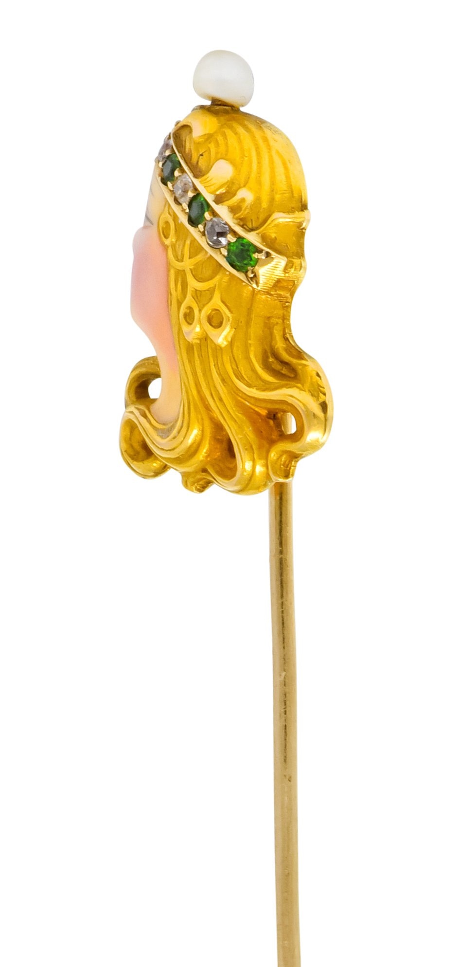 Art Nouveau Enamel Diamond Emerald Pearl 14 Karat Gold Queen Stickpin - Wilson's Estate Jewelry