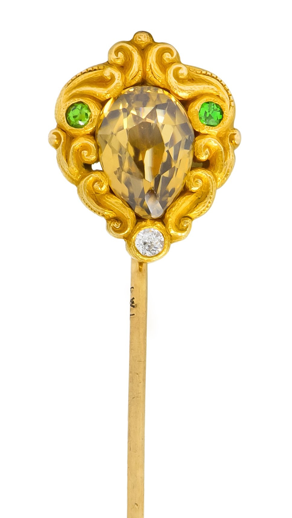 Frank Walter Lawrence Zircon Diamond Demantoid Garnet 14 Karat Gold Scrolled Stickpin - Wilson's Estate Jewelry