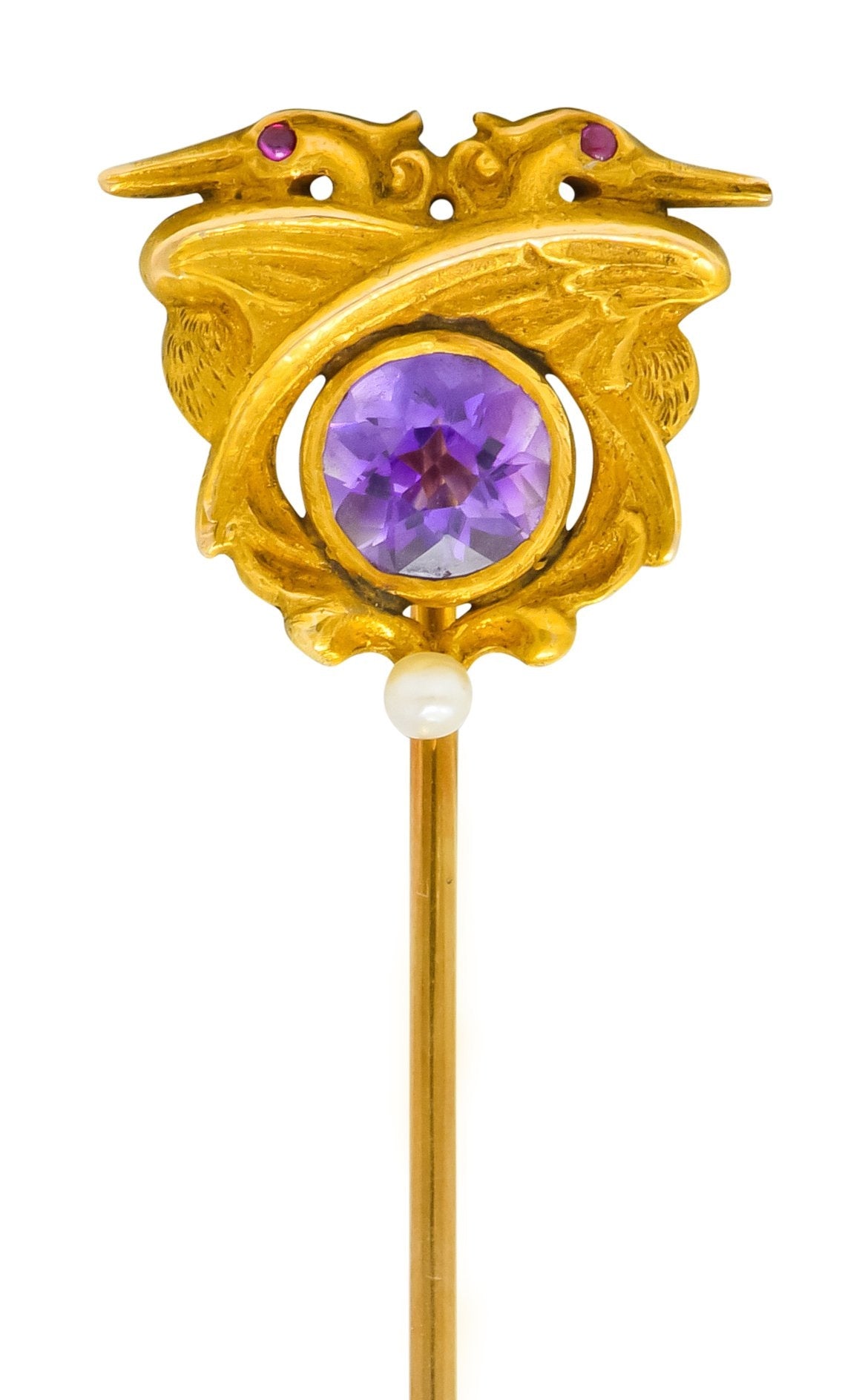 Art Nouveau 0.65 CTW Amethyst Natural Freshwater Pearl 14 Karat Gold Pterodactyl Stickpin - Wilson's Estate Jewelry