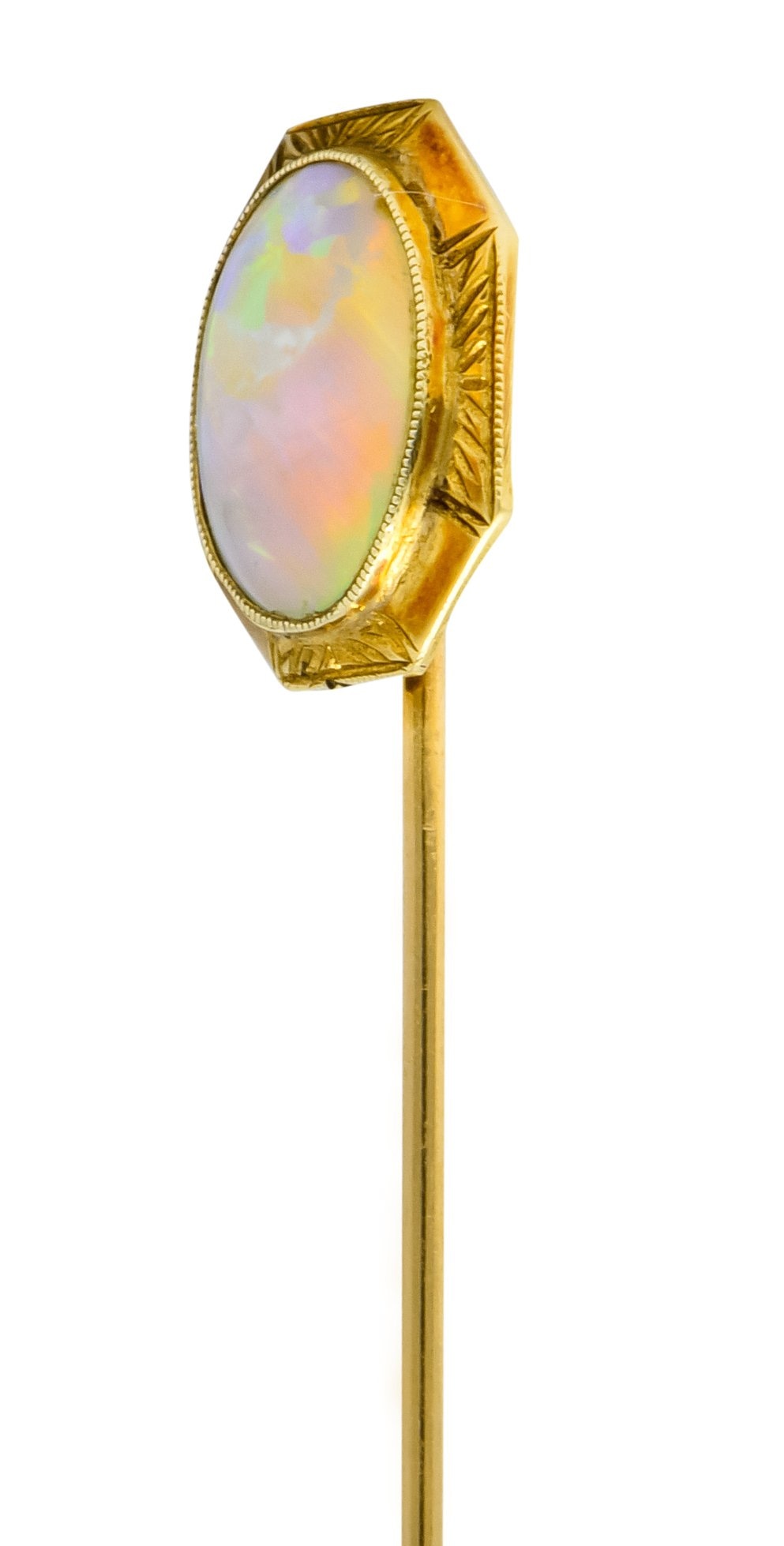 Art Nouveau Jelly Opal Cabochon 14 Karat Gold Hexagonal Stickpin - Wilson's Estate Jewelry