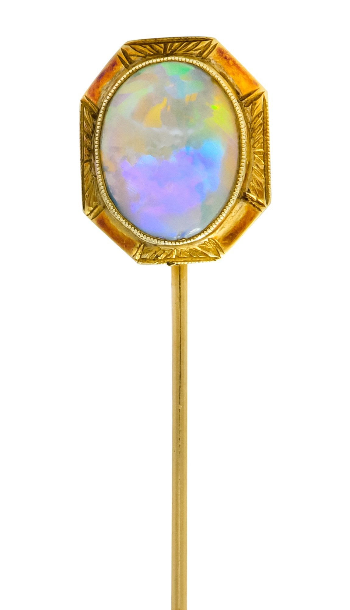 Art Nouveau Jelly Opal Cabochon 14 Karat Gold Hexagonal Stickpin - Wilson's Estate Jewelry