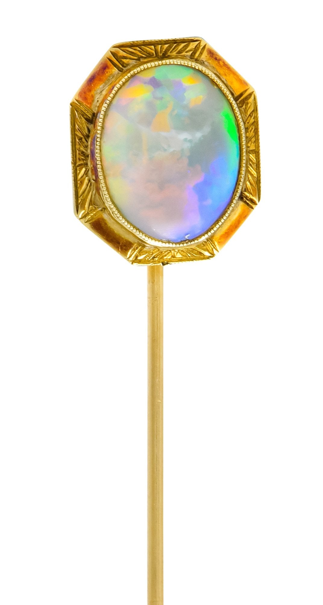 Art Nouveau Jelly Opal Cabochon 14 Karat Gold Hexagonal Stickpin - Wilson's Estate Jewelry