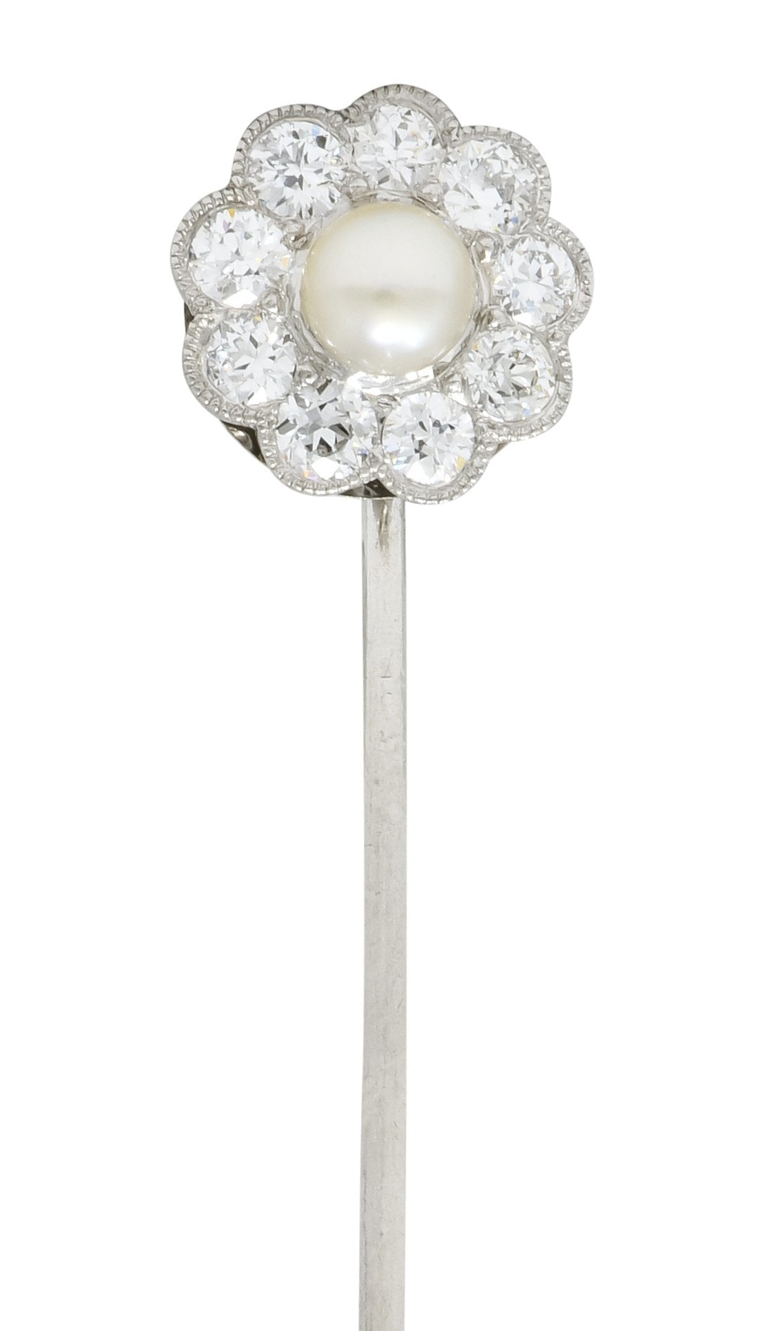 Art Deco 1.00 CTW Diamond Pearl Platinum Floral Cluster Stickpin - Wilson's Estate Jewelry