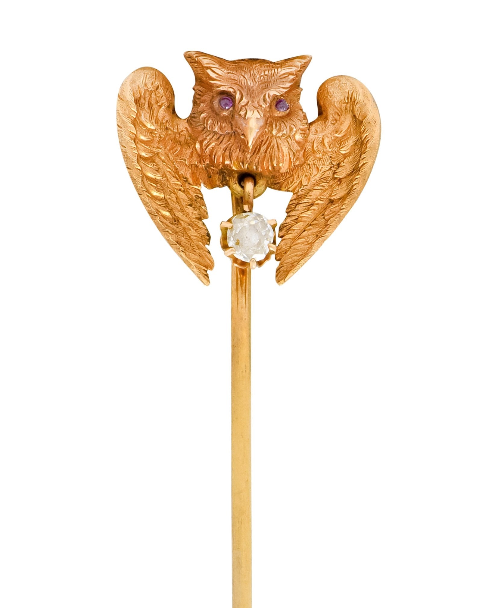 Victorian Diamond Ruby 18 Karat Gold Owl Stickpin Circa 1900 - Wilson's Estate Jewelry