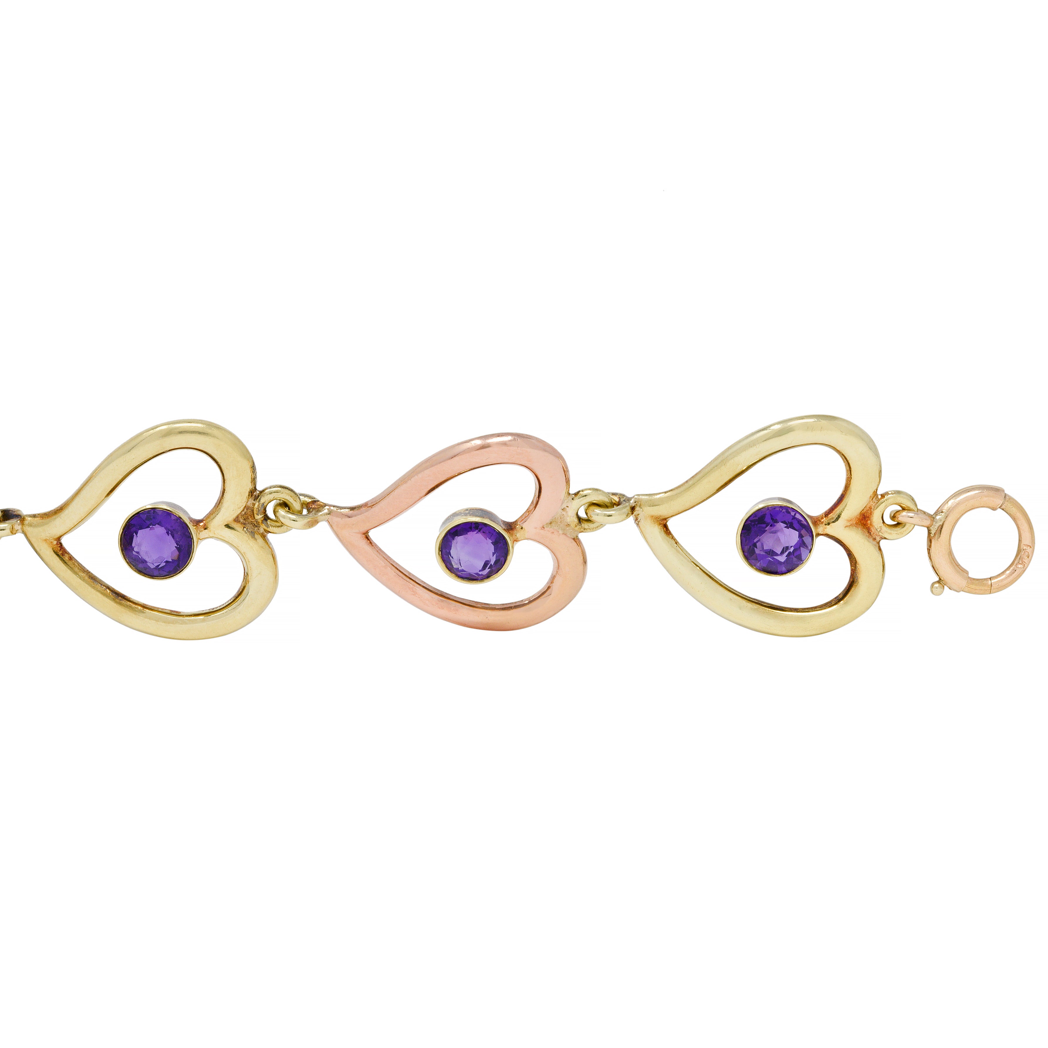 Retro Amethyst 14 Karat Two-Tone Gold Witches Heart Link Vintage Bracelet