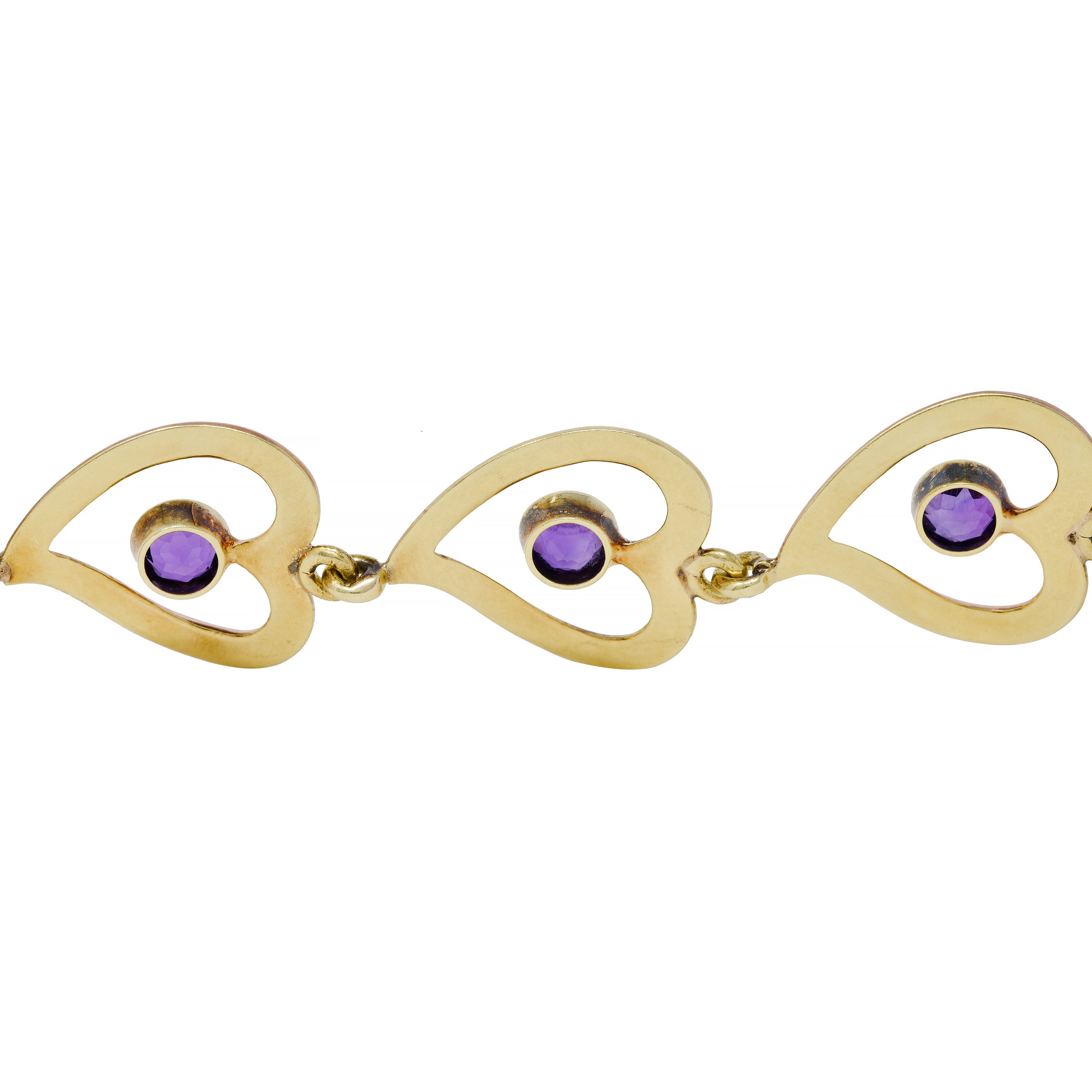 Retro Amethyst 14 Karat Two-Tone Gold Witches Heart Link Vintage Bracelet