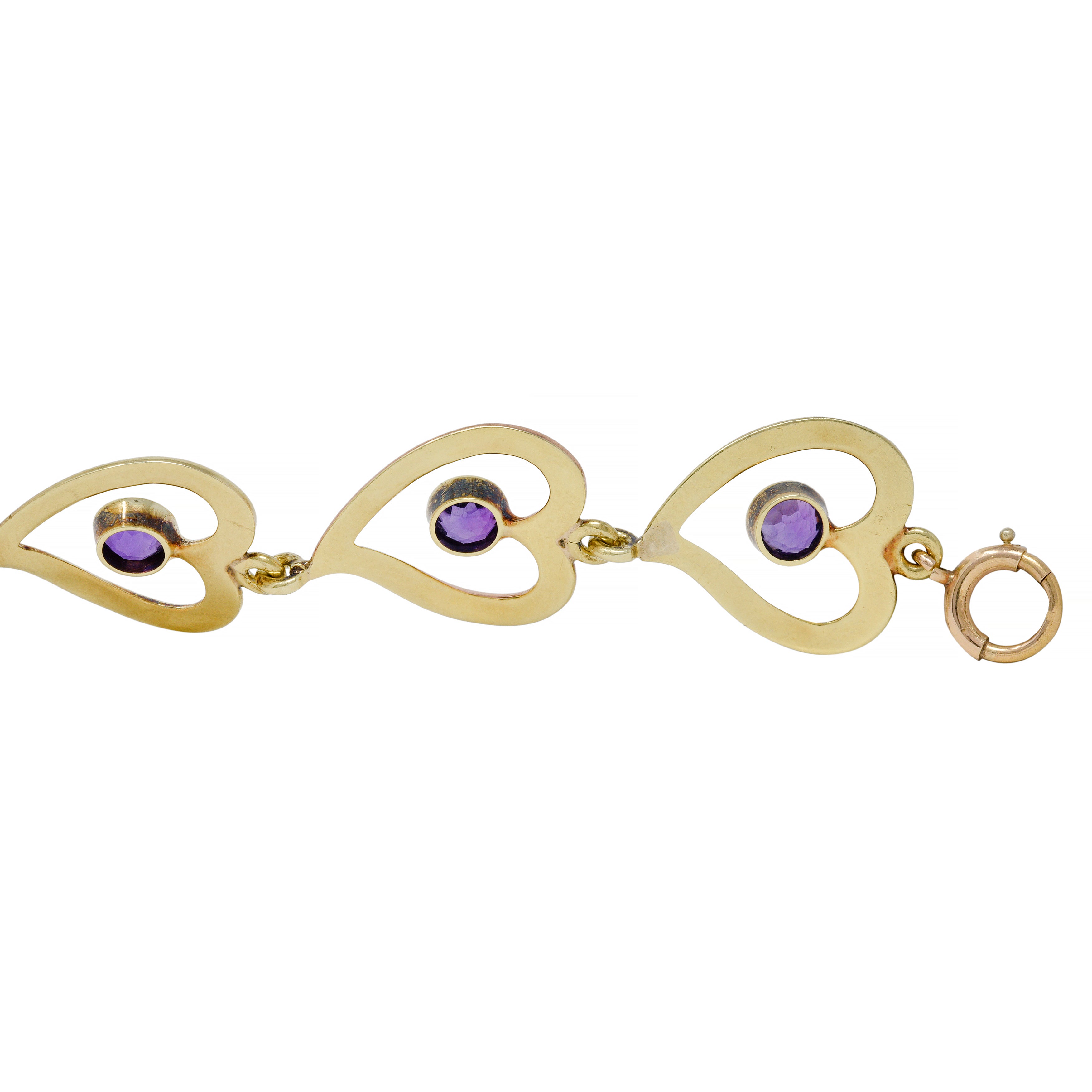 Retro Amethyst 14 Karat Two-Tone Gold Witches Heart Link Vintage Bracelet