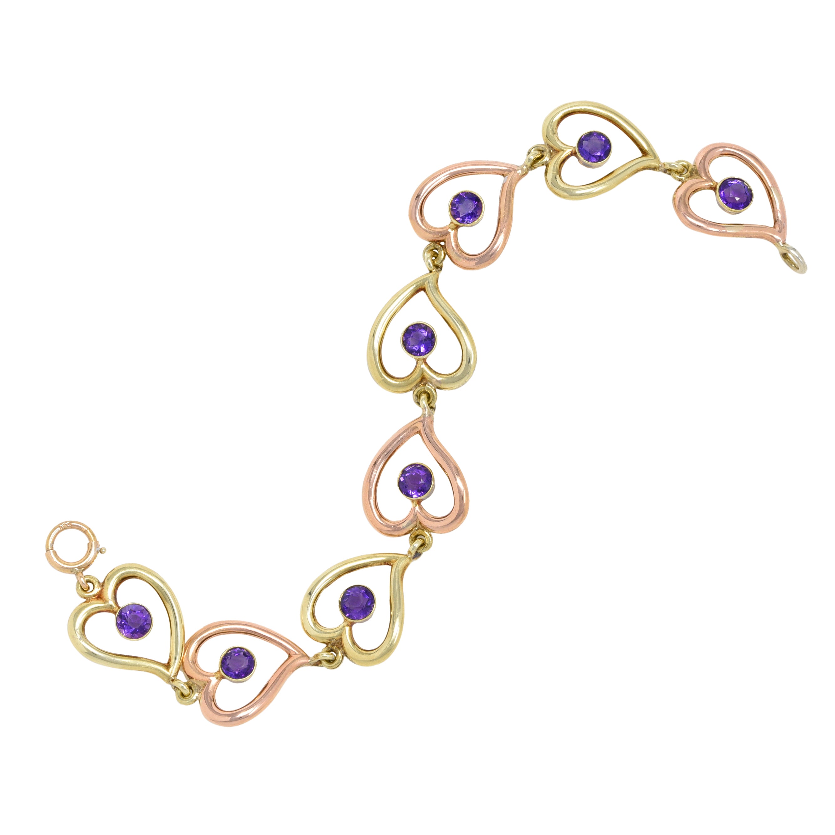 Retro Amethyst 14 Karat Two-Tone Gold Witches Heart Link Vintage Bracelet