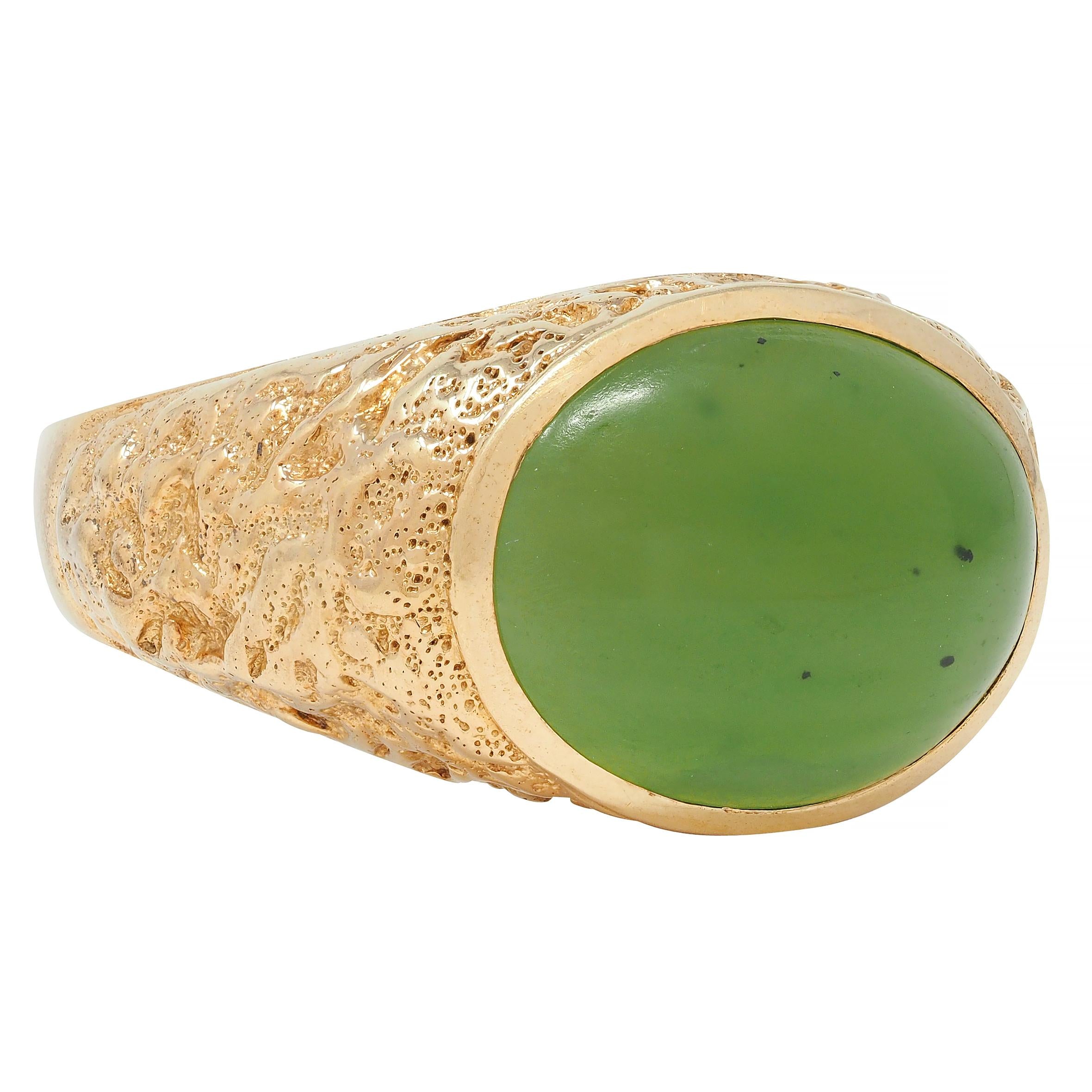 Brutalist Jade Cabochon 10 Karat Yellow Gold Vintage Signet Ring