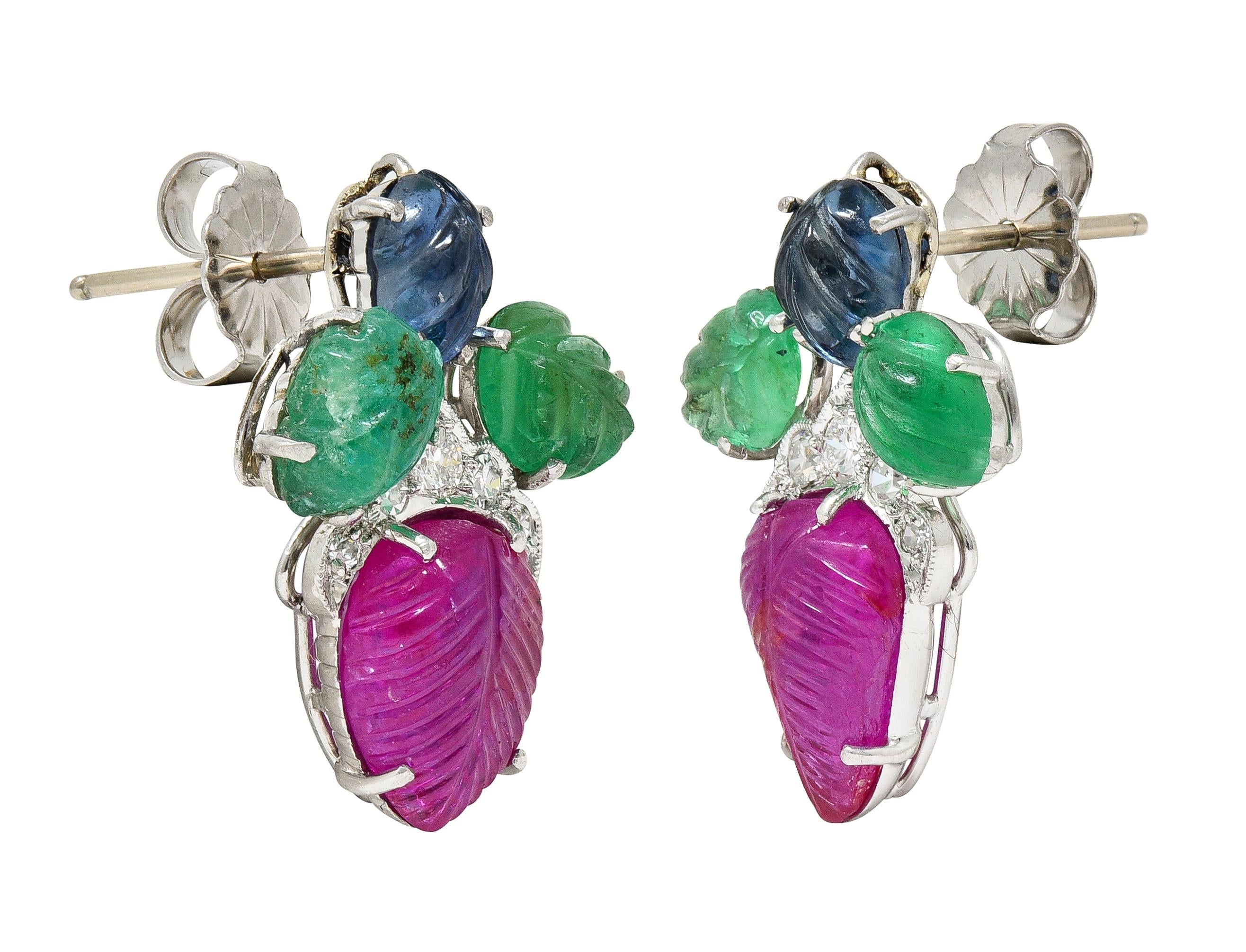 Art Deco 6.83 CTW Diamond Ruby Sapphire Emerald Platinum Tutti Frutti Earrings