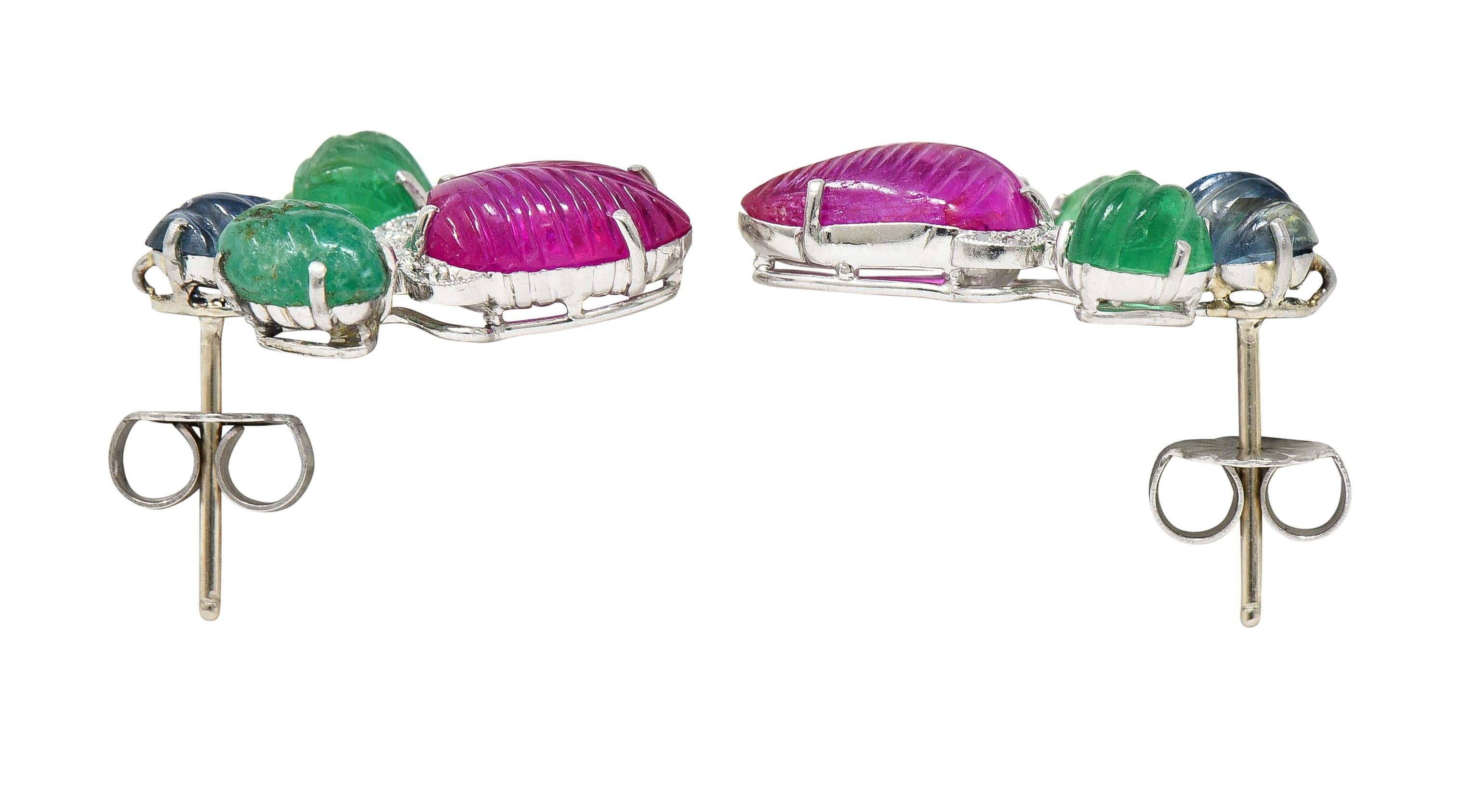 Art Deco 6.83 CTW Diamond Ruby Sapphire Emerald Platinum Tutti Frutti Earrings