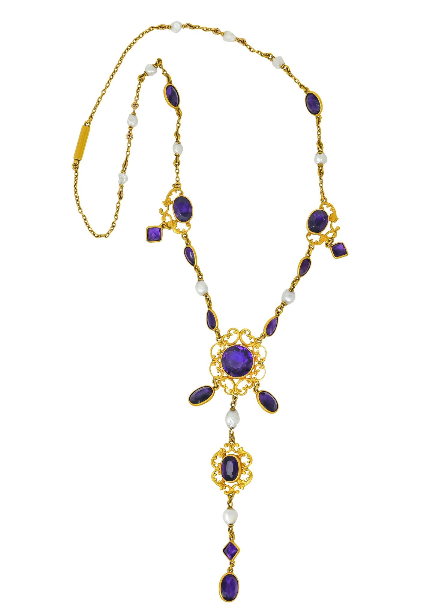 1890 Victorian Amethyst Pearl 14 Karat Gold Drop Necklace - Wilson's Estate Jewelry