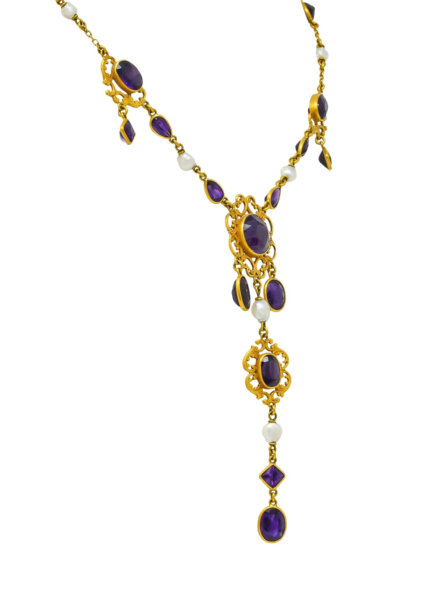 1890 Victorian Amethyst Pearl 14 Karat Gold Drop Necklace - Wilson's Estate Jewelry