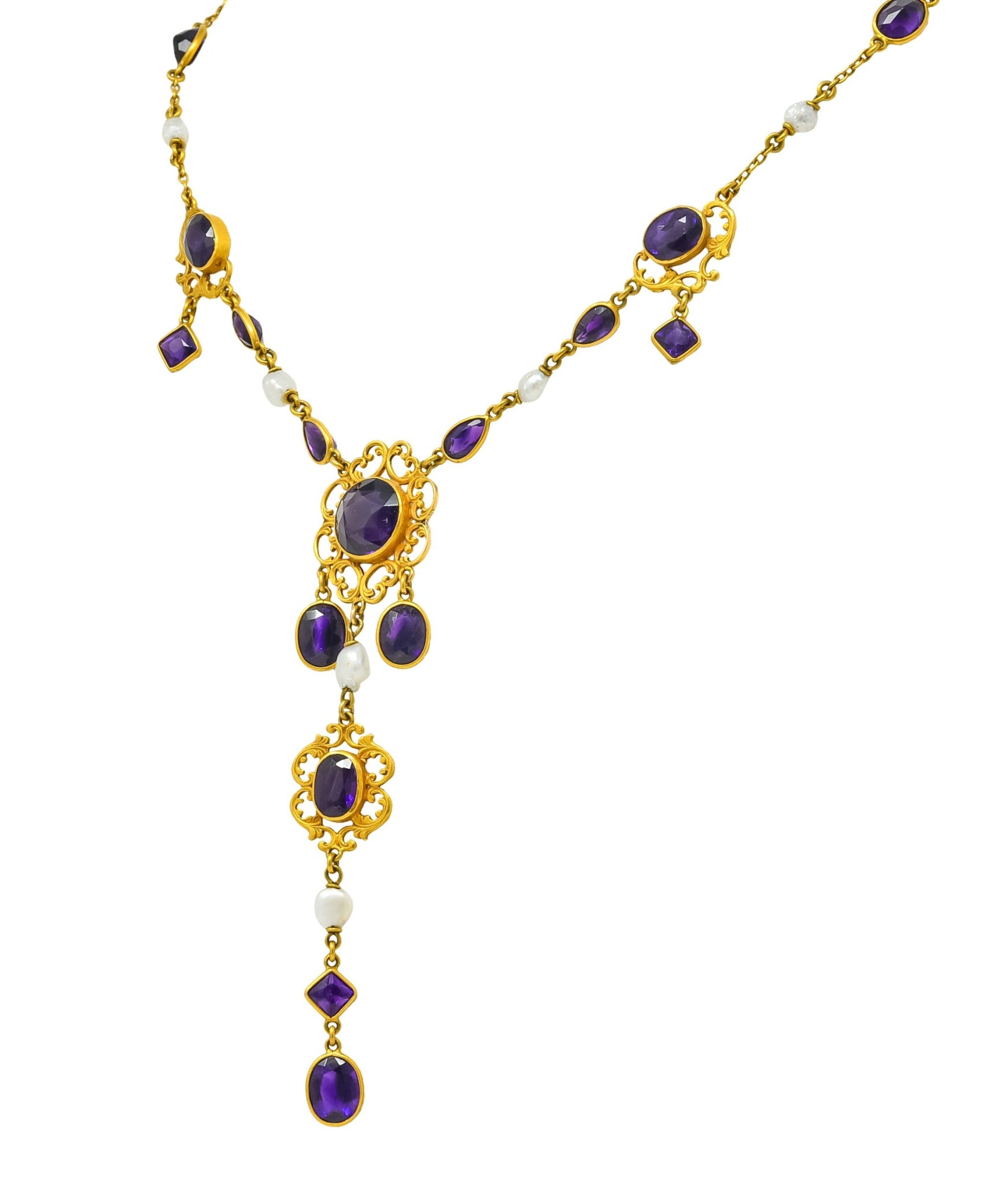 1890 Victorian Amethyst Pearl 14 Karat Gold Drop Necklace - Wilson's Estate Jewelry