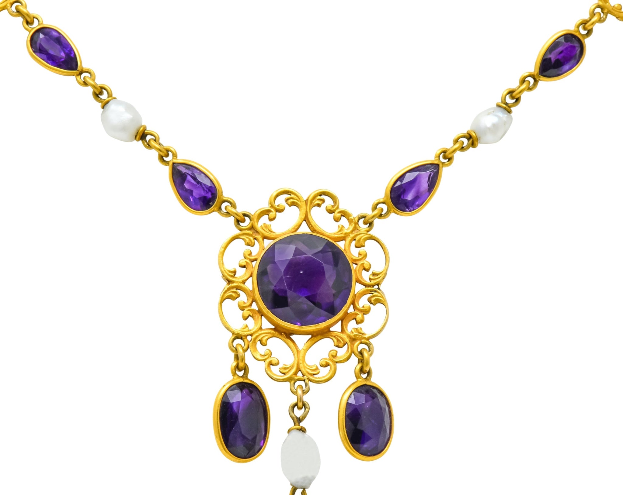 1890 Victorian Amethyst Pearl 14 Karat Gold Drop Necklace - Wilson's Estate Jewelry