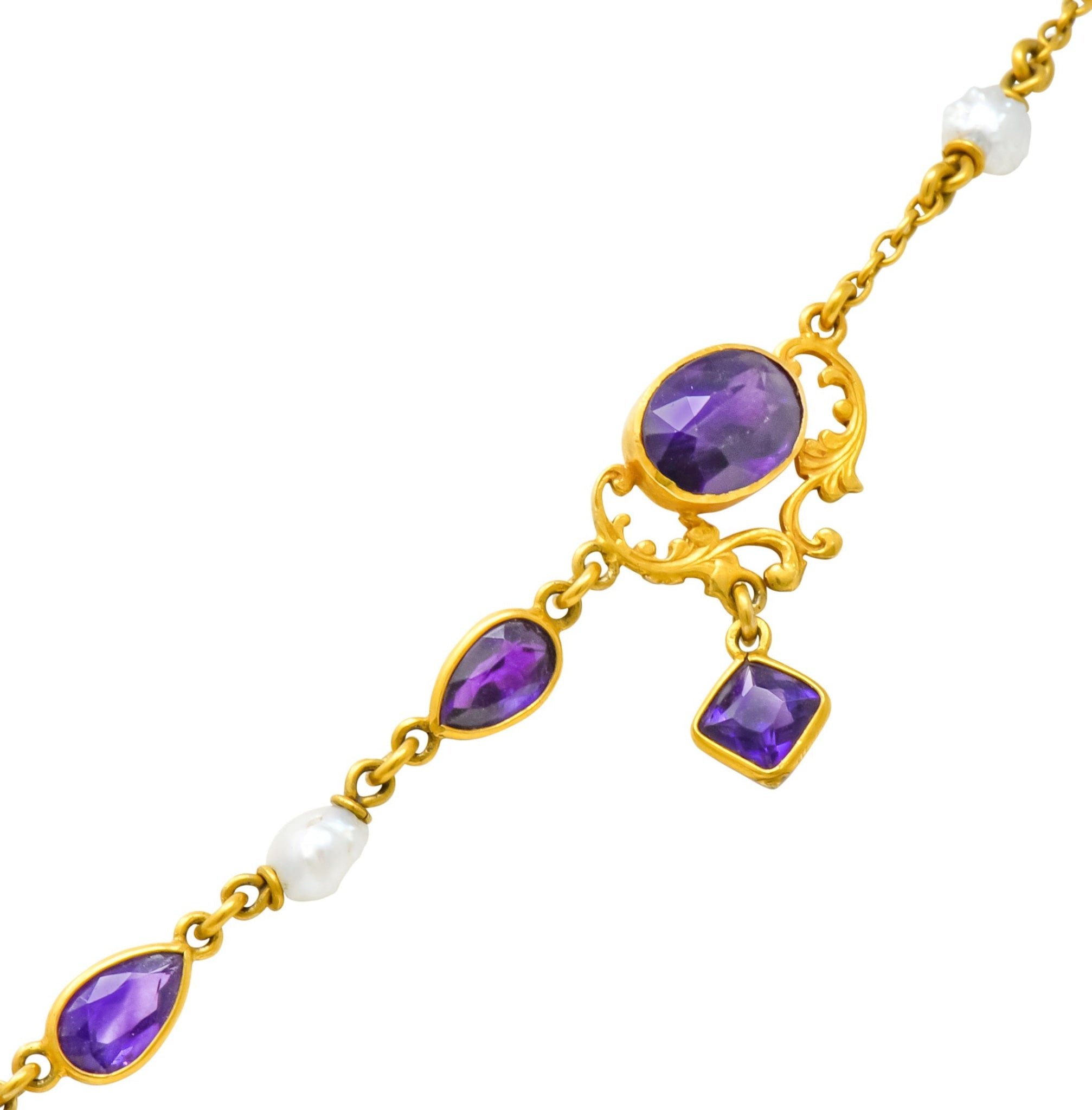1890 Victorian Amethyst Pearl 14 Karat Gold Drop Necklace - Wilson's Estate Jewelry