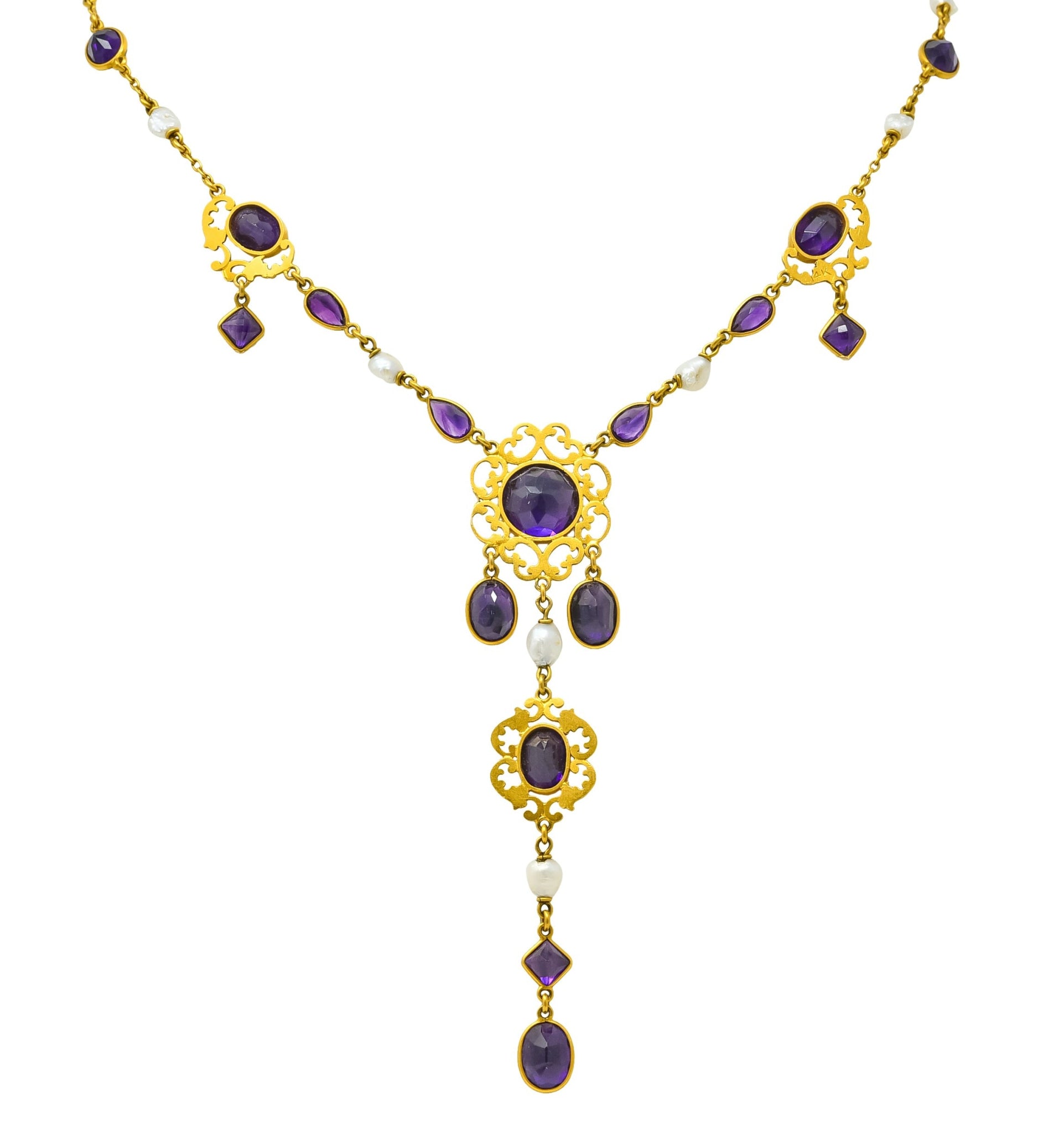 1890 Victorian Amethyst Pearl 14 Karat Gold Drop Necklace - Wilson's Estate Jewelry