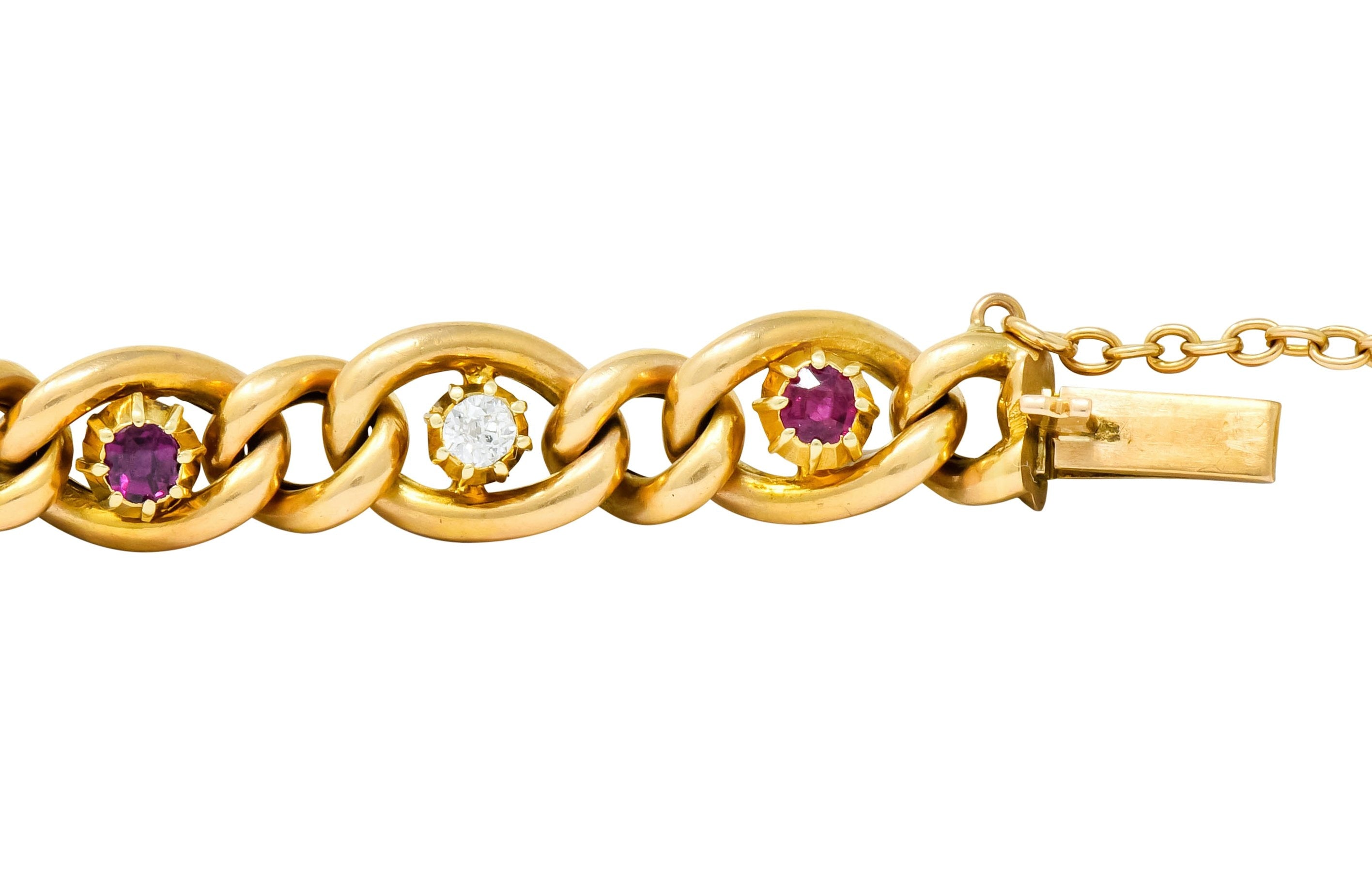 1890s Victorian 1.52 CTW Ruby Diamond 15 Karat Gold Link Bracelet - Wilson's Estate Jewelry