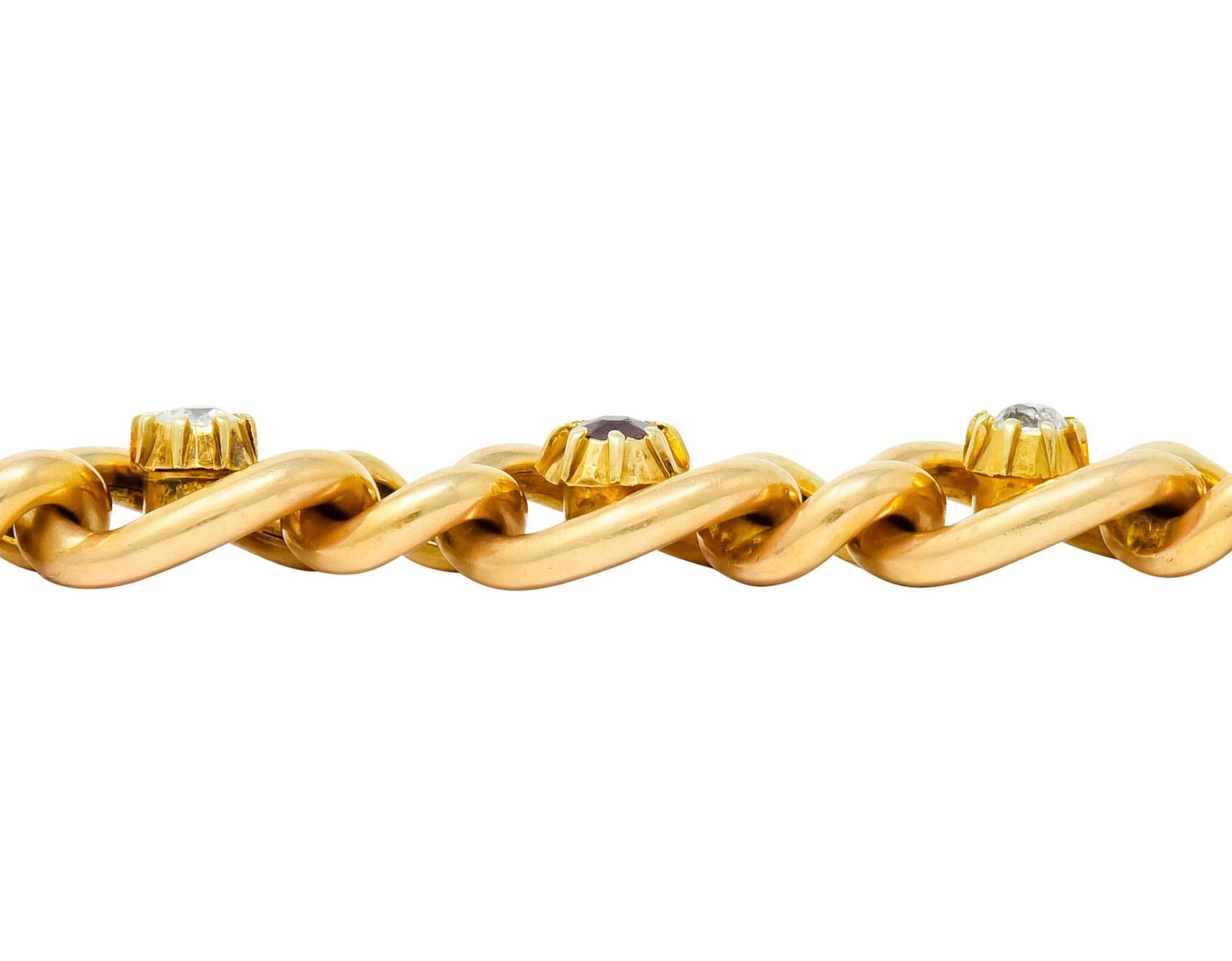 1890s Victorian 1.52 CTW Ruby Diamond 15 Karat Gold Link Bracelet - Wilson's Estate Jewelry