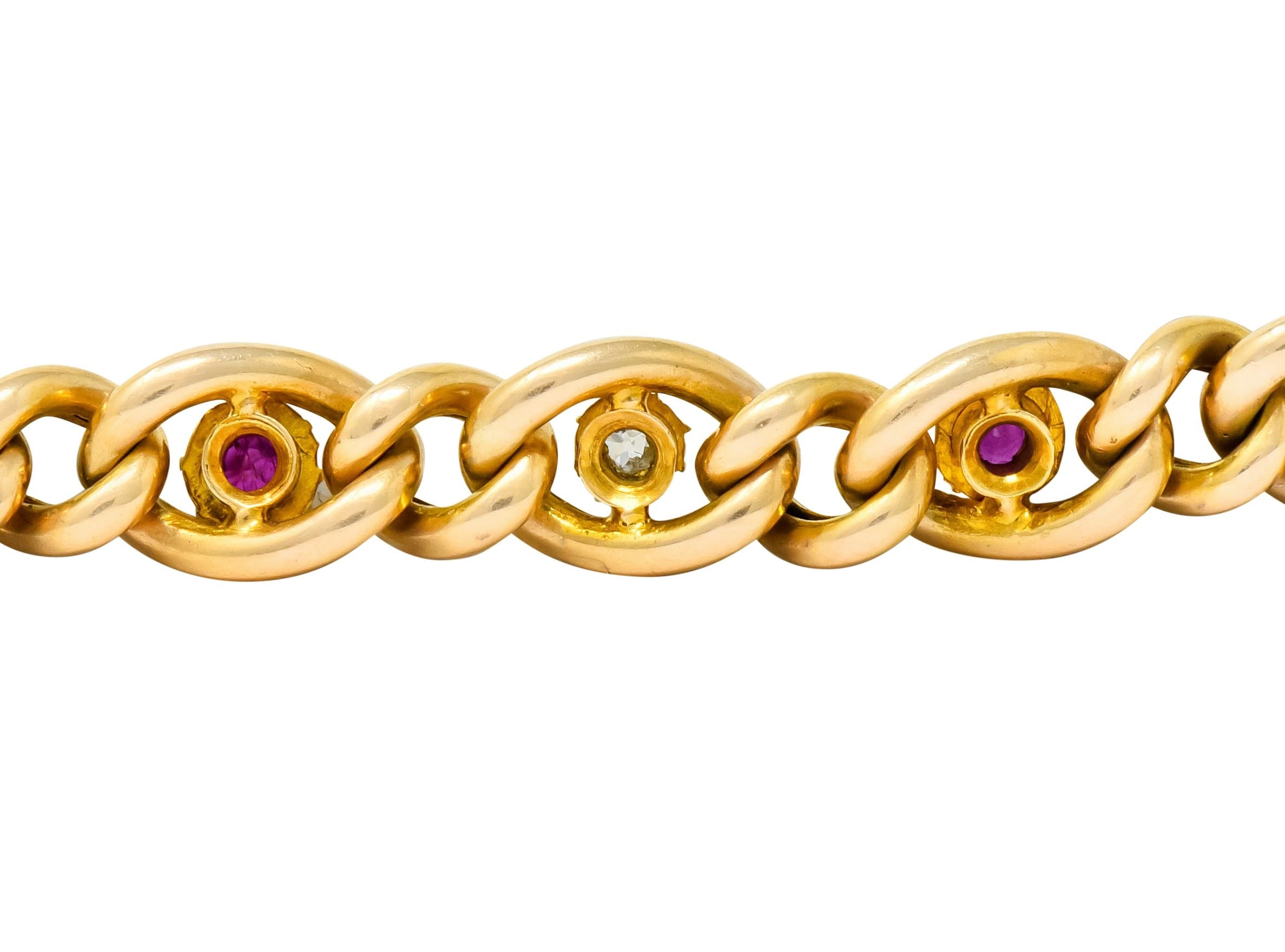 1890s Victorian 1.52 CTW Ruby Diamond 15 Karat Gold Link Bracelet - Wilson's Estate Jewelry