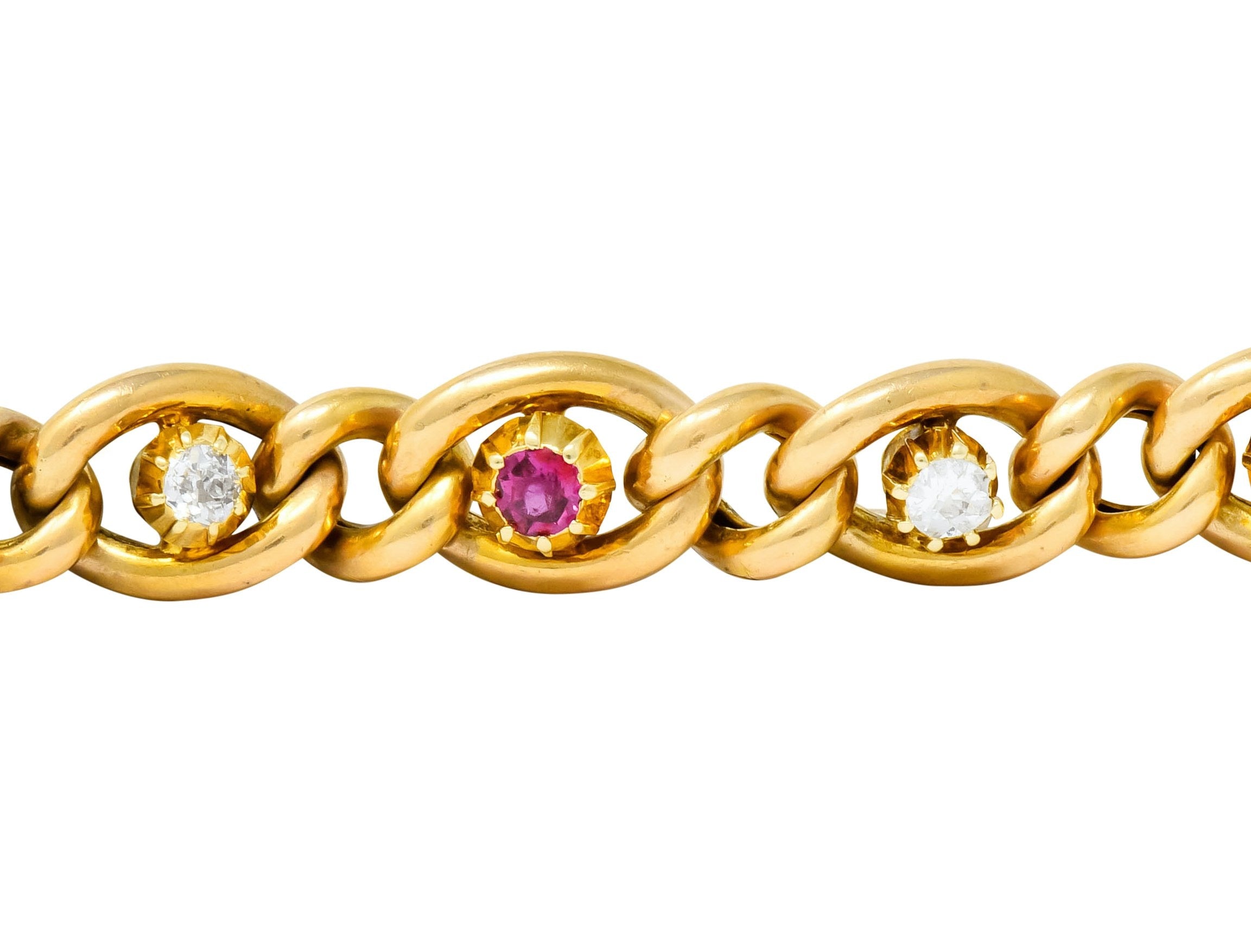 1890s Victorian 1.52 CTW Ruby Diamond 15 Karat Gold Link Bracelet - Wilson's Estate Jewelry