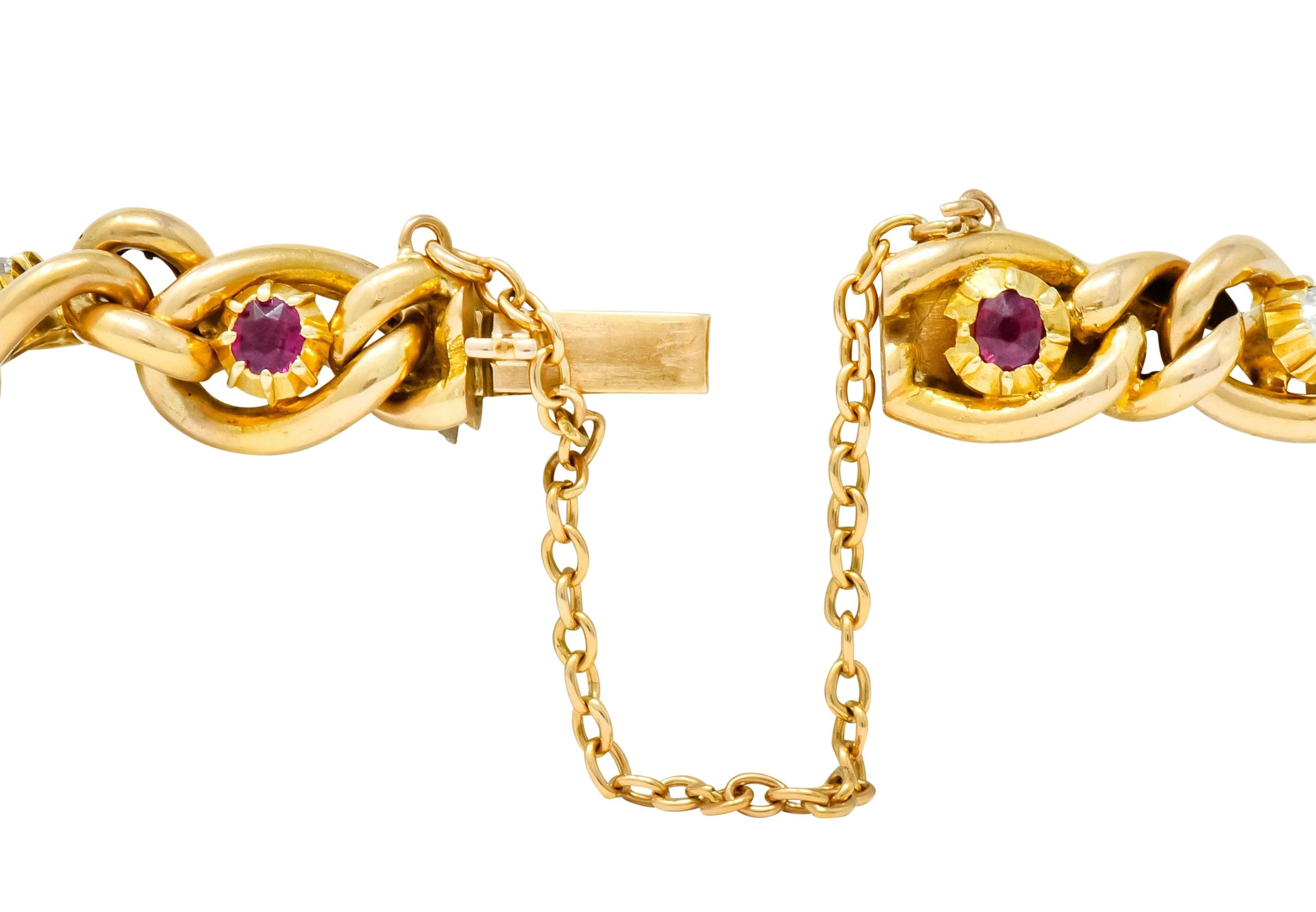 1890s Victorian 1.52 CTW Ruby Diamond 15 Karat Gold Link Bracelet - Wilson's Estate Jewelry
