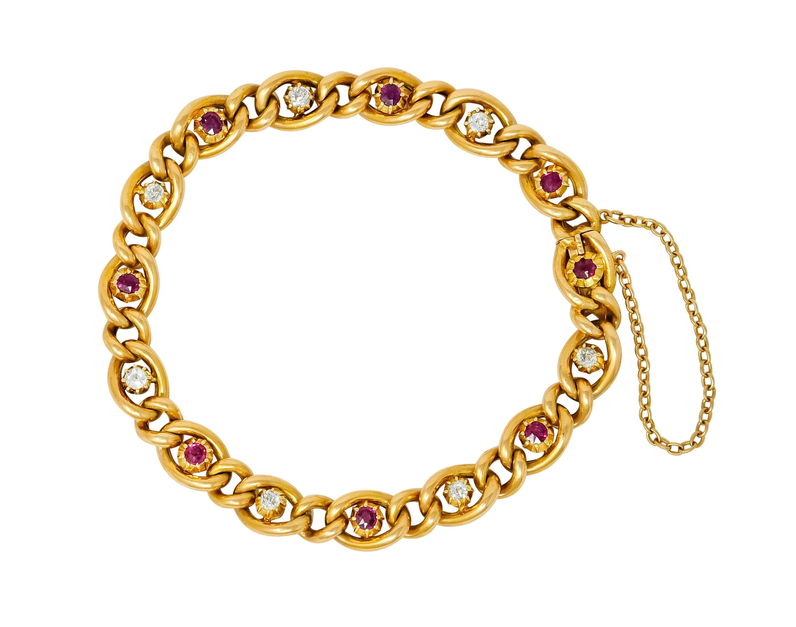 1890s Victorian 1.52 CTW Ruby Diamond 15 Karat Gold Link Bracelet - Wilson's Estate Jewelry