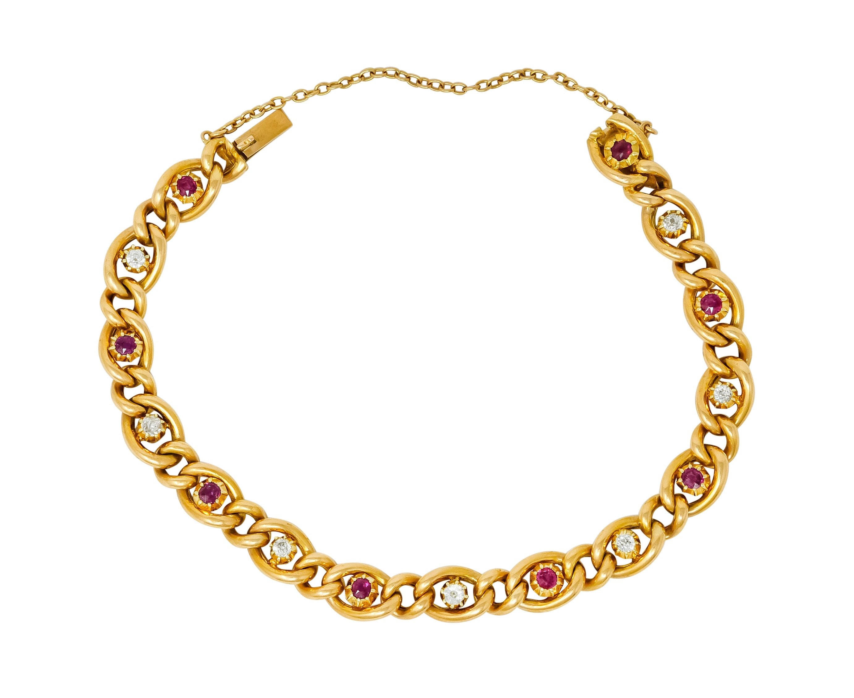 1890s Victorian 1.52 CTW Ruby Diamond 15 Karat Gold Link Bracelet - Wilson's Estate Jewelry