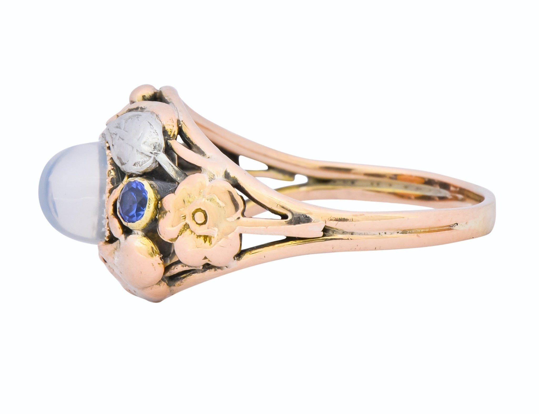 1900's Arts & Crafts Moonstone Sapphire 14 Karat Gold Floral Ring - Wilson's Estate Jewelry