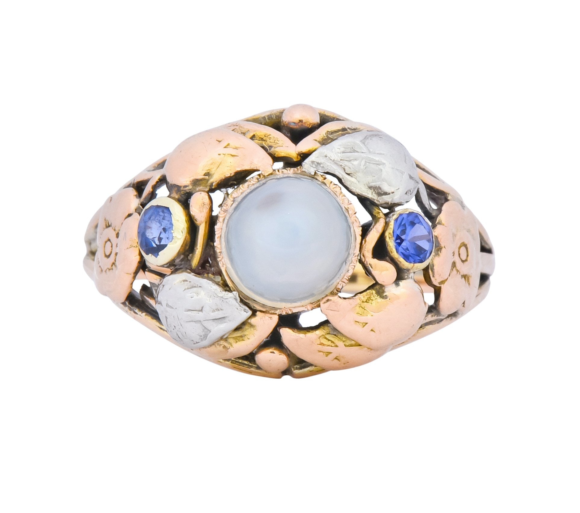 1900's Arts & Crafts Moonstone Sapphire 14 Karat Gold Floral Ring - Wilson's Estate Jewelry