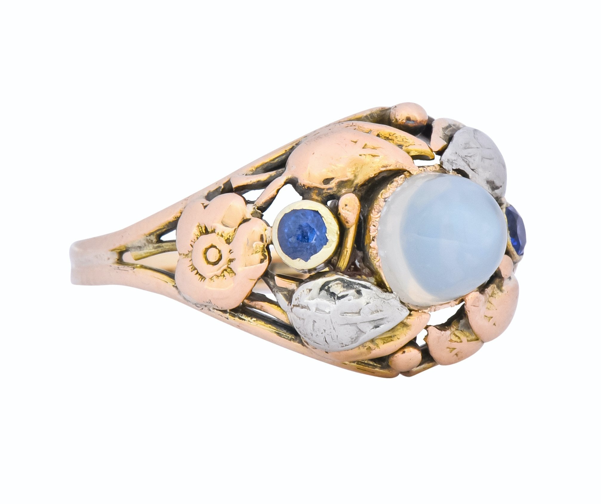 1900's Arts & Crafts Moonstone Sapphire 14 Karat Gold Floral Ring - Wilson's Estate Jewelry