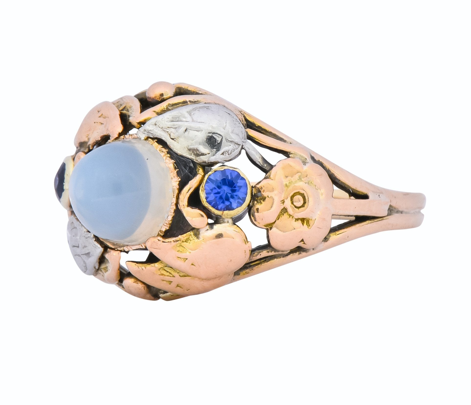 1900's Arts & Crafts Moonstone Sapphire 14 Karat Gold Floral Ring - Wilson's Estate Jewelry