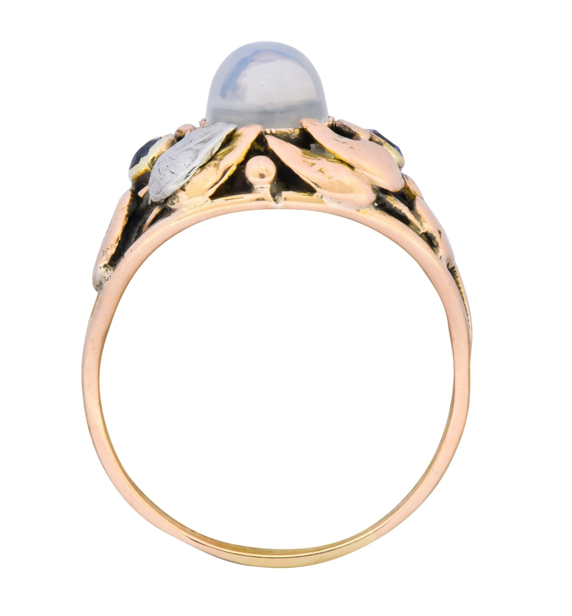 1900's Arts & Crafts Moonstone Sapphire 14 Karat Gold Floral Ring - Wilson's Estate Jewelry