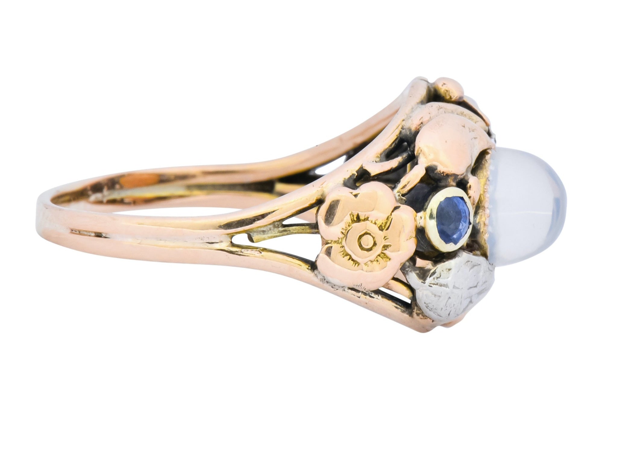 1900's Arts & Crafts Moonstone Sapphire 14 Karat Gold Floral Ring - Wilson's Estate Jewelry